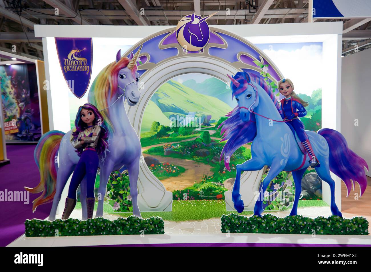 Materiale promozionale per Unicorn Academy alla Toy Fair 2024, Olympia, Londra Foto Stock