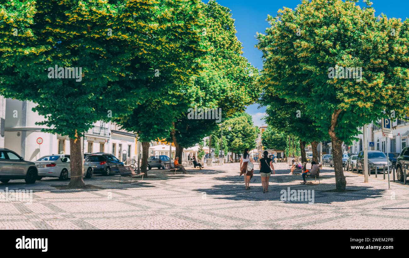 Strada commerciale nella città portoghese di Beja, nella regione dell'Alentejo. Foto Stock