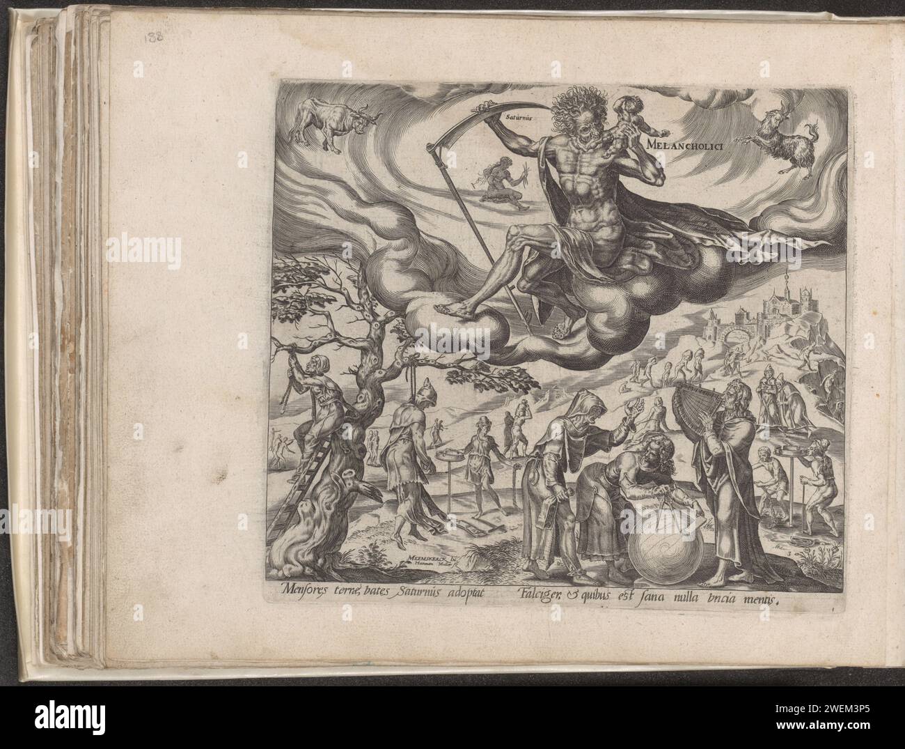 Temperamento malinconico, stampa 1566 Saturno siede su una nuvola e mangia uno dei suoi figli. Egli raffigura il pianeta con lo stesso nome. Sopra di lui ci sono tre segni dello zodiaco: toro, vergine e stambecco, che corrispondono all'elemento terra. Sotto di lui, sulla terra, le persone con un temperamento malinconico, che sono governate da lui. Astrologi e geografi fanno ricerche e le persone sono appese ad un albero. In fondo al margine un testo in latino sulle melancoliche e Saturno. Questa stampa fa parte di un album. temperamento malinconico per incisione su carta. Saturno (pianeta). in cerca di morte, suicidio. geografia. astrolog Foto Stock