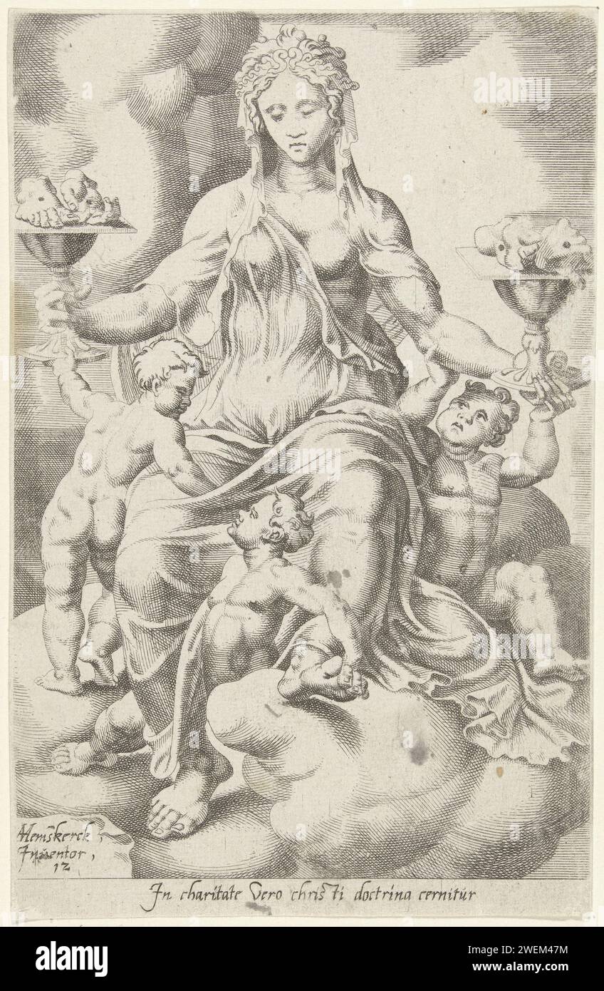 La vera carità segue la dottrina di Cristo, Dirck Volckertsz. Coornhert, dopo Maarten van Heemskerck, 1550 stampa la personificazione della carità. Intorno ai suoi tre figli. Nelle sue mani due calici con le mani perforate e i piedi di Cristo. La stampa ha una didascalia latina e fa parte di una serie di quattordici parti sul tema del modo di ottenere la salvezza eterna. Paper etching Eternal Bliss; 'FelicitÃ eternaa' (Ripa) (+ rappresentazione simbolica del concetto). Carità, 'Caritasa'; 'CaritÃ' (Ripa)  una delle tre virtù teologiche. Gli strumenti della passione e i cinque arti feriti. Foto Stock