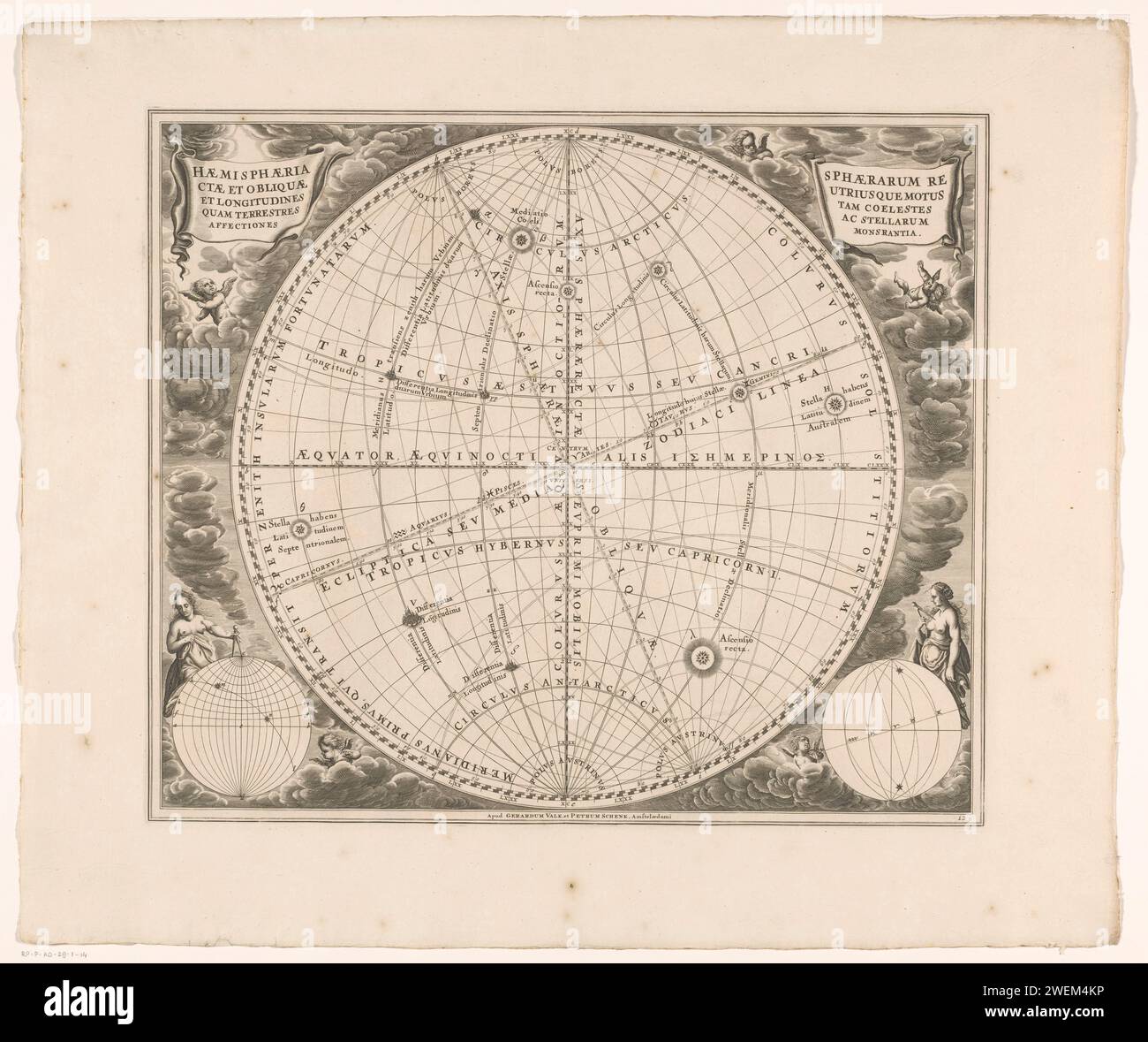 Hemelkaart con globo verticale e inclinato, Anonymous, 1708 stampa Hemel card su cui sono raffigurati sia i lavori intorno al globo verticale che il globo inclinato. La carta è dotata di una distribuzione a gradi lungo il bordo. A sinistra e in alto a destra il cartiglio del titolo. A sinistra e in basso a destra piccole vedute dei lavori dei pianeti intorno alla terra. Numerato in basso a destra: 12. zodiaco con incisione su carta; i dodici segni zodiacali insieme. mappa stellare, mappa stellare. strumenti utilizzati in geodesia, strumenti di rilevamento. pianeti; sistema planetario, sistema solare Foto Stock