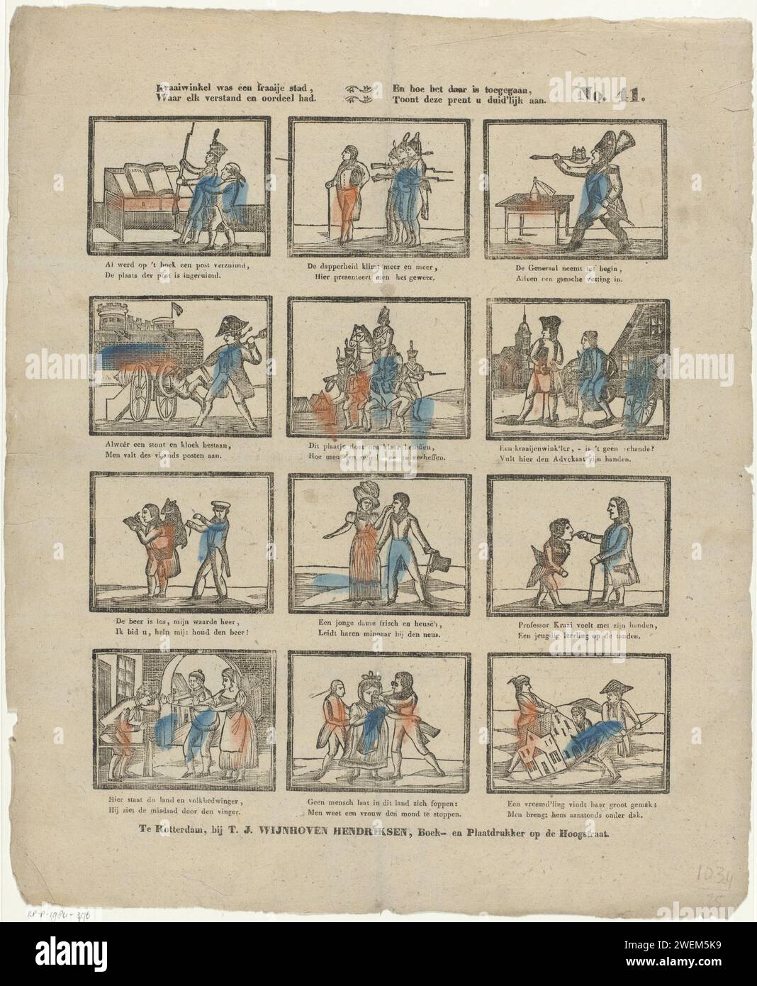 Kraaiwinkel era una bella città, / dove ogni mente e giudizio avevano. / E come è andata lì, / questa stampa vi mostra chiaramente, 1832 - 1850 fogli stampati con 12 esibizioni di figure diverse, tra cui soldati, un criminale e una giovane donna e il suo amante. Sotto ogni immagine un verso bidirezionale. Numerato in alto a destra: N. 41. carta tipografica che stampa il soldato; la vita del soldato. criminali. un paio di amanti Foto Stock