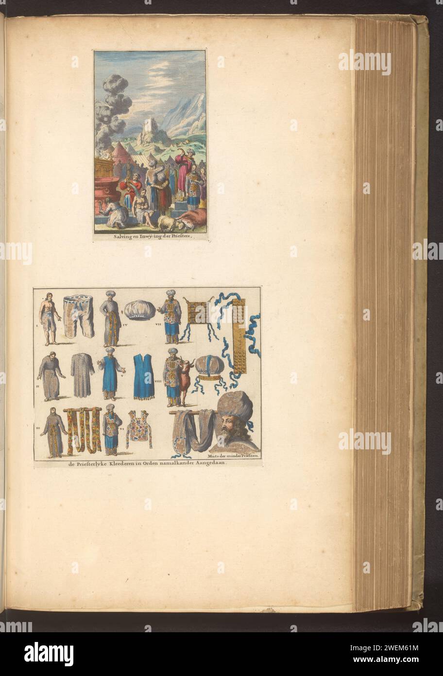 Leaf con due esibizioni dei sommi sacerdoti ebrei, Jan Luyken, 1700 stampa Leaf con due stampe utilizzate. Al di sopra dell'unzione e dell'iniziazione dei sommi sacerdoti. Sotto una panoramica degli abiti sacerdotali, in ordine di decorazione. Leaf Between P. 94/95 nella prima parte della Bibbia stampata con l'Antico Testamento, pubblicata da Pieter Mortier, Amsterdam 1700. carta. vernice del ponte. Pratiche rituali di pennello / incisione  purificazione, benedizione (religioni non cristiane). sommo sacerdote  gerarchia dei preti. Paramenti di sommo sacerdote  religione ebraica Foto Stock