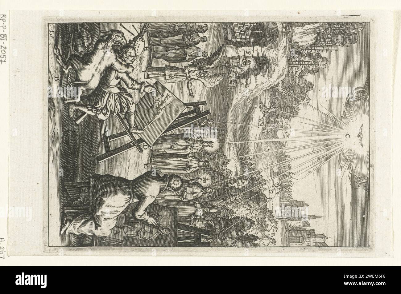 Emblema con uomini che dipingono ritratti di santi per seguire il loro esempio, Boëtius Adamsz. Bolswert, 1620 stampa Man and a Spiritual sit dietro un cavalletto e dipinge ritratti di un santo. Un angelo mostra loro un gruppo di santi al cui esempio possono vivere. Il diavolo ostacola l'uomo a dipingere, lo tira da dietro il suo sgabello. carta che incide la vita dell'uomo Foto Stock