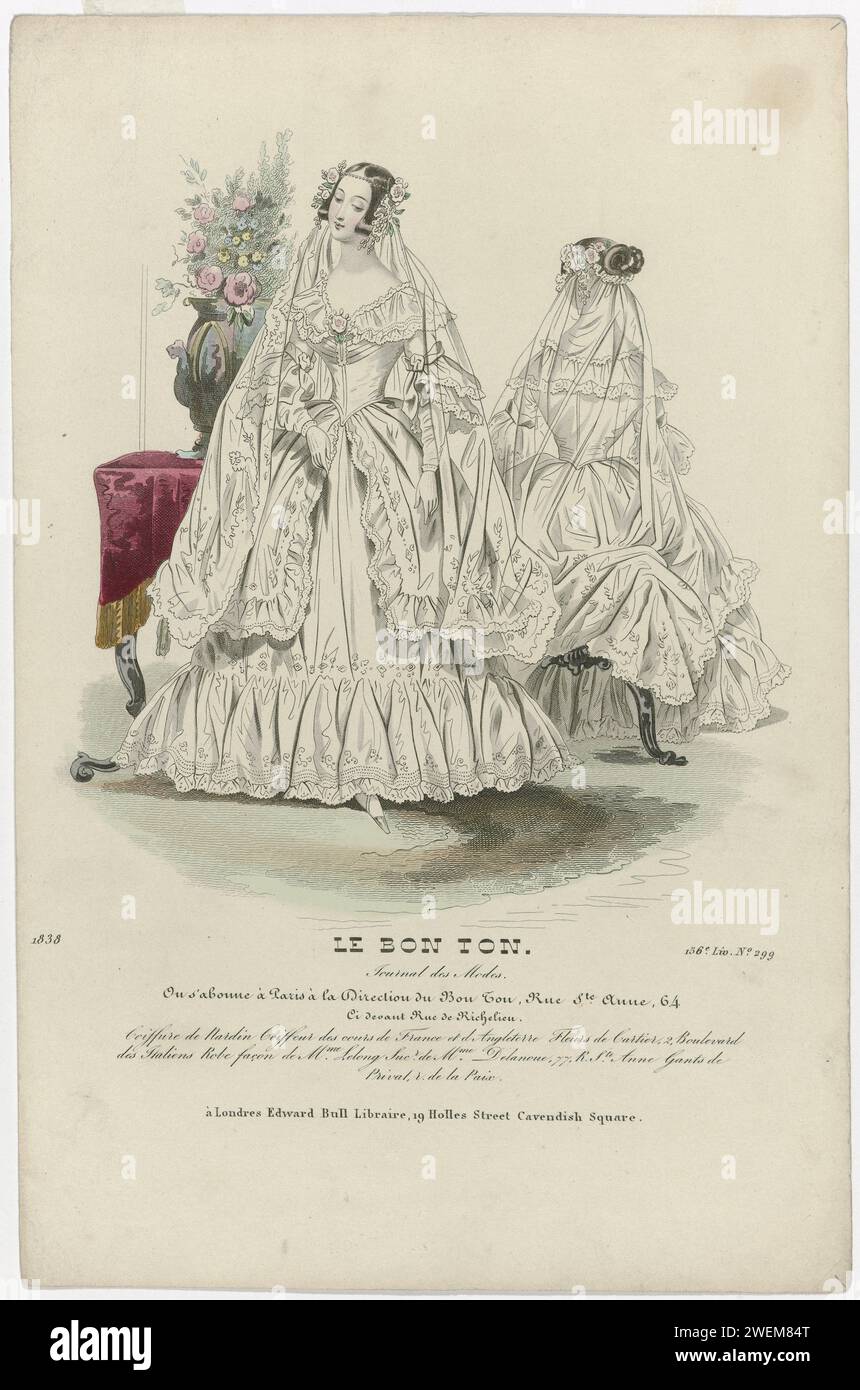 Le Bon tone, Journal des Modes, 1838, 156th liv. No. 299: Nardin hairstyle (...), 1838 Una sposa in un abito da sposa con velo. Una donna seduta, vista sul retro, vestita con lo stesso vestito. Secondo la didascalia: "Coiffure" di Nardin, "Coiffeur" della corte di Francia e Inghilterra. Fiori da Cartier. Klapon si esibì in The Way of Lelong, successore di Mme Delanoue. Guanti da Prival. Stampa dalla rivista di moda le Bon Ton (1834-1884). lastre di moda per incisioni in carta. abito, abito (+ abiti da donna). guanti, guanti, ecc. (+ vestiti da donna). fiori. Stili di parrucchiere - AA -  donne. Foto Stock