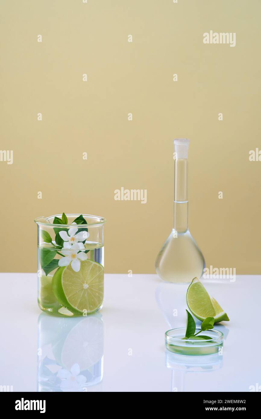 Scena per pubblicizzare cosmetici con concept di laboratorio. Fette di lime fresco, foglie e fiori in becher, matraccio volumetrico e piatto di Petri riempito in transpa Foto Stock