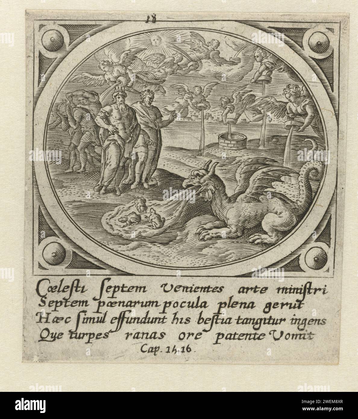 Sette parassiti, 1585 angeli stampati gettano scale che causano parassiti. In primo piano la sesta peste: Un drago che rompe le rane. Nel margine una didascalia a quattro righe in latino. Diciottesima stampa di una serie di ventiquattro con la rivelazione di Johannes su Patmos. carta che incide i sette angeli con le sette fiale, portando disastri e distruzione sulla terra e sull'umanità Foto Stock