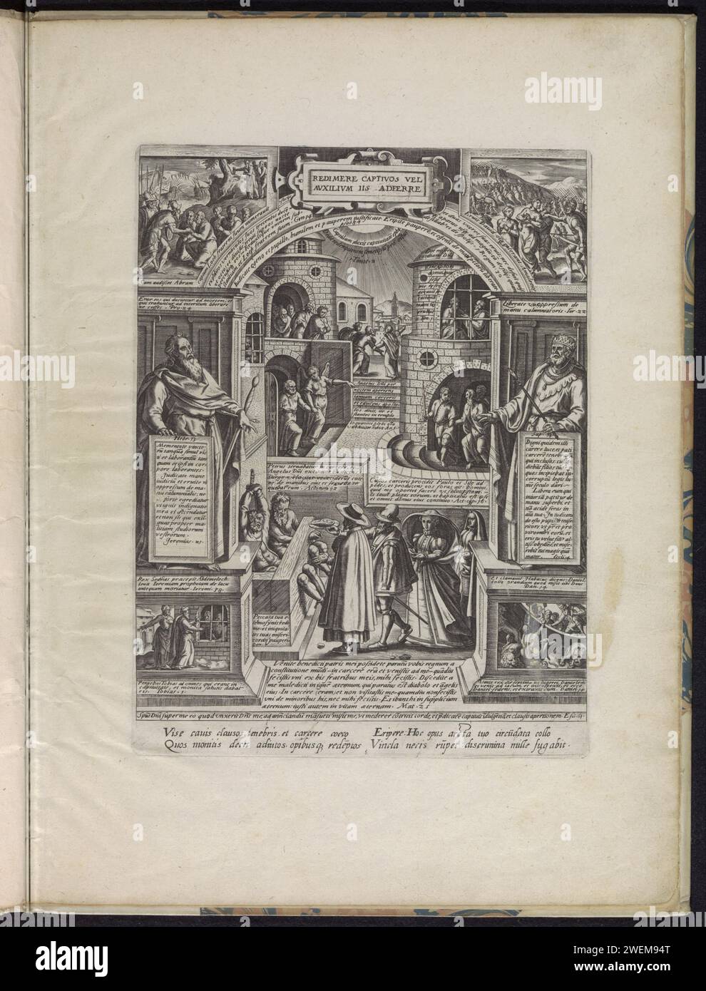 Visite dei prigionieri, 1577 stampe che visitano i prigionieri come una delle sette opere di misericordia. Nel mezzo persone che fanno visita a due uomini bloccati nel blocco. Sullo sfondo un angelo che libera Peter dalla prigione. Intorno a spettacoli di storie bibliche che hanno a che fare con la visita e la liberazione dei prigionieri. In alto a sinistra di Abramo liberato, in alto a destra di Davide che batte gli Amaleciti e libera le sue mogli, libera Daniele dai Leeuwenkuil e in basso a sinistra i prigionieri che vengono visitati. A sinistra il profeta Geremia e a destra il re Salomone. Nelle prestazioni varie Foto Stock