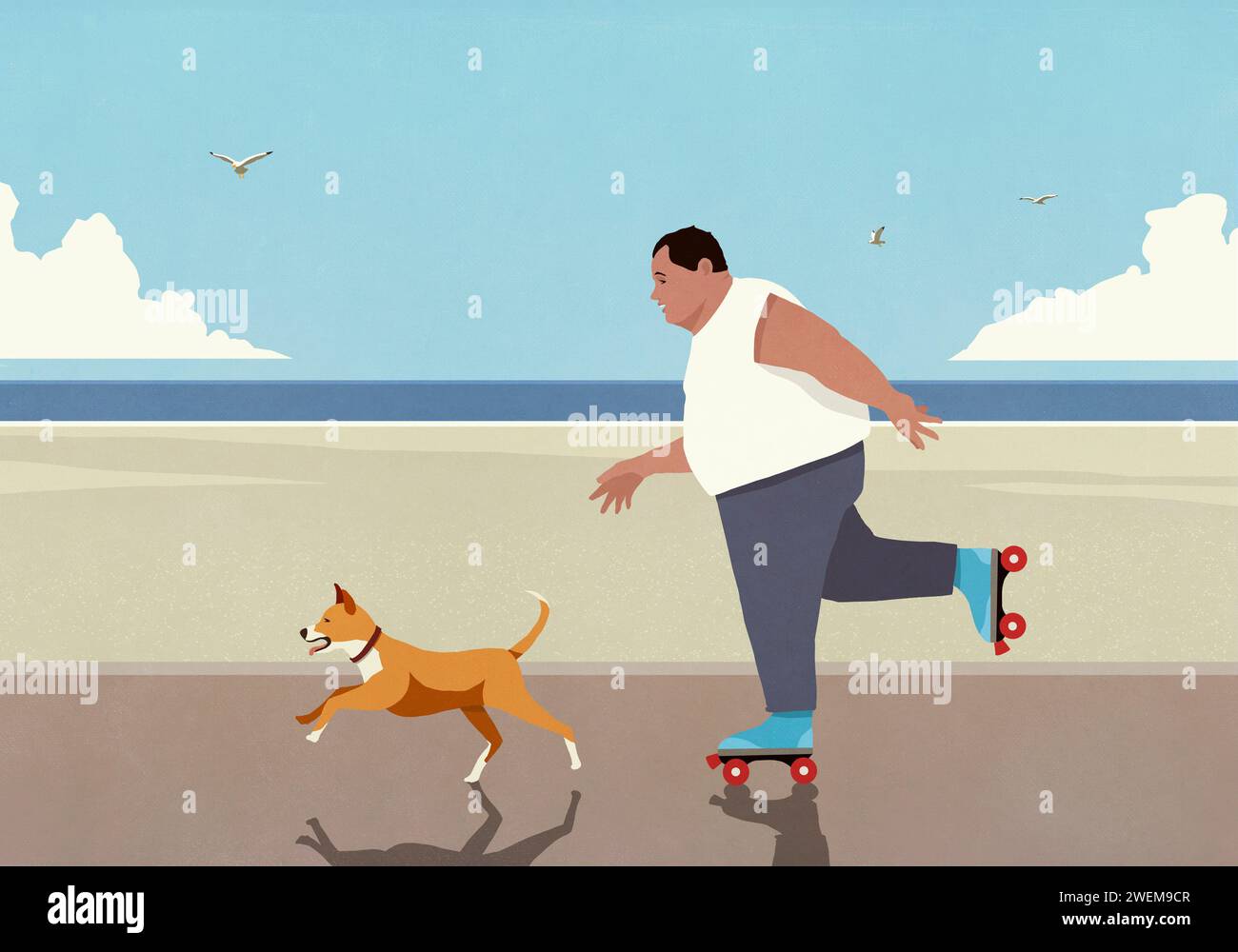 Pattinaggio a rotelle per uomo in sovrappeso con cane sul lungomare Foto Stock
