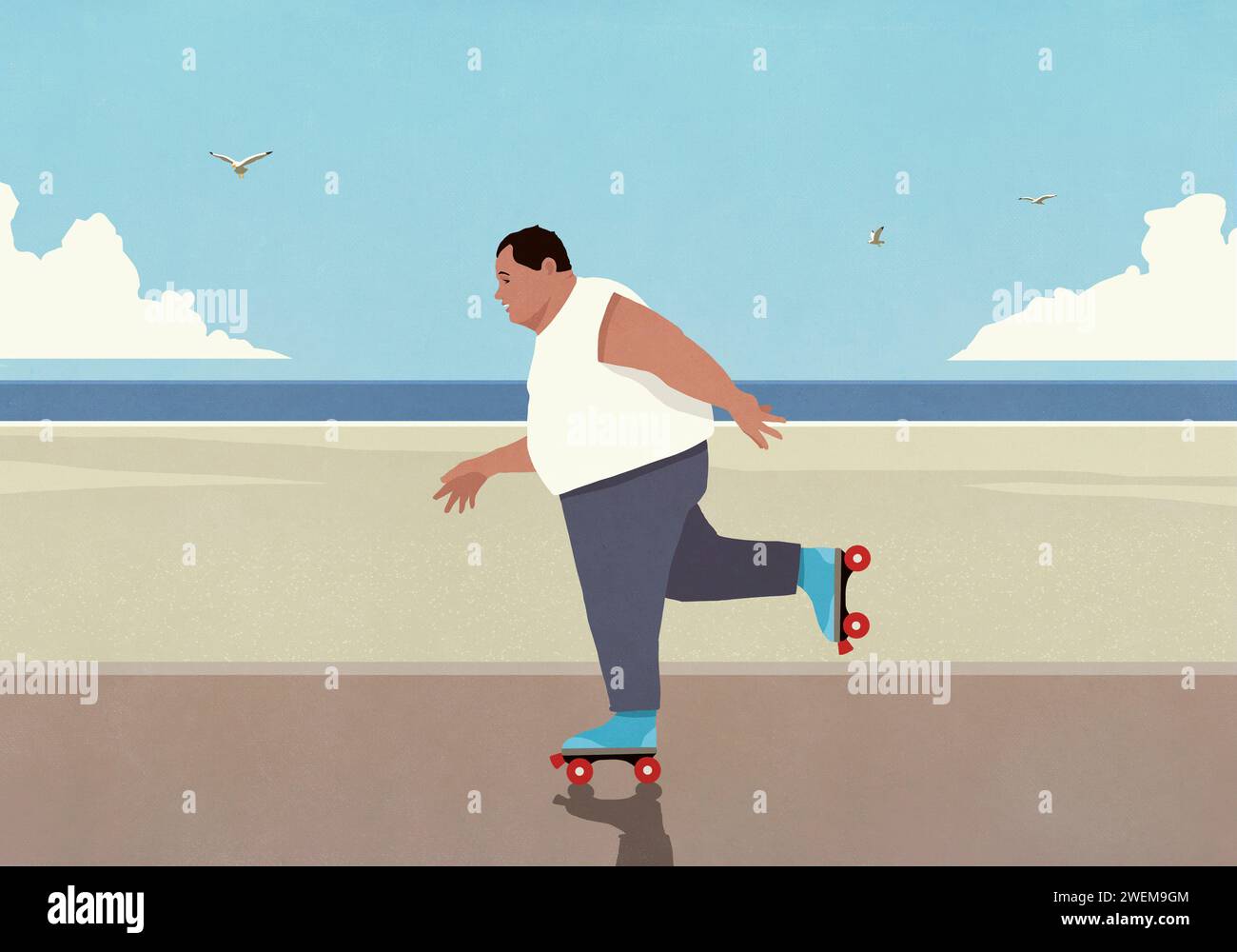 Pattinaggio a rotelle per uomo in sovrappeso sulla soleggiata passeggiata sulla spiaggia Foto Stock
