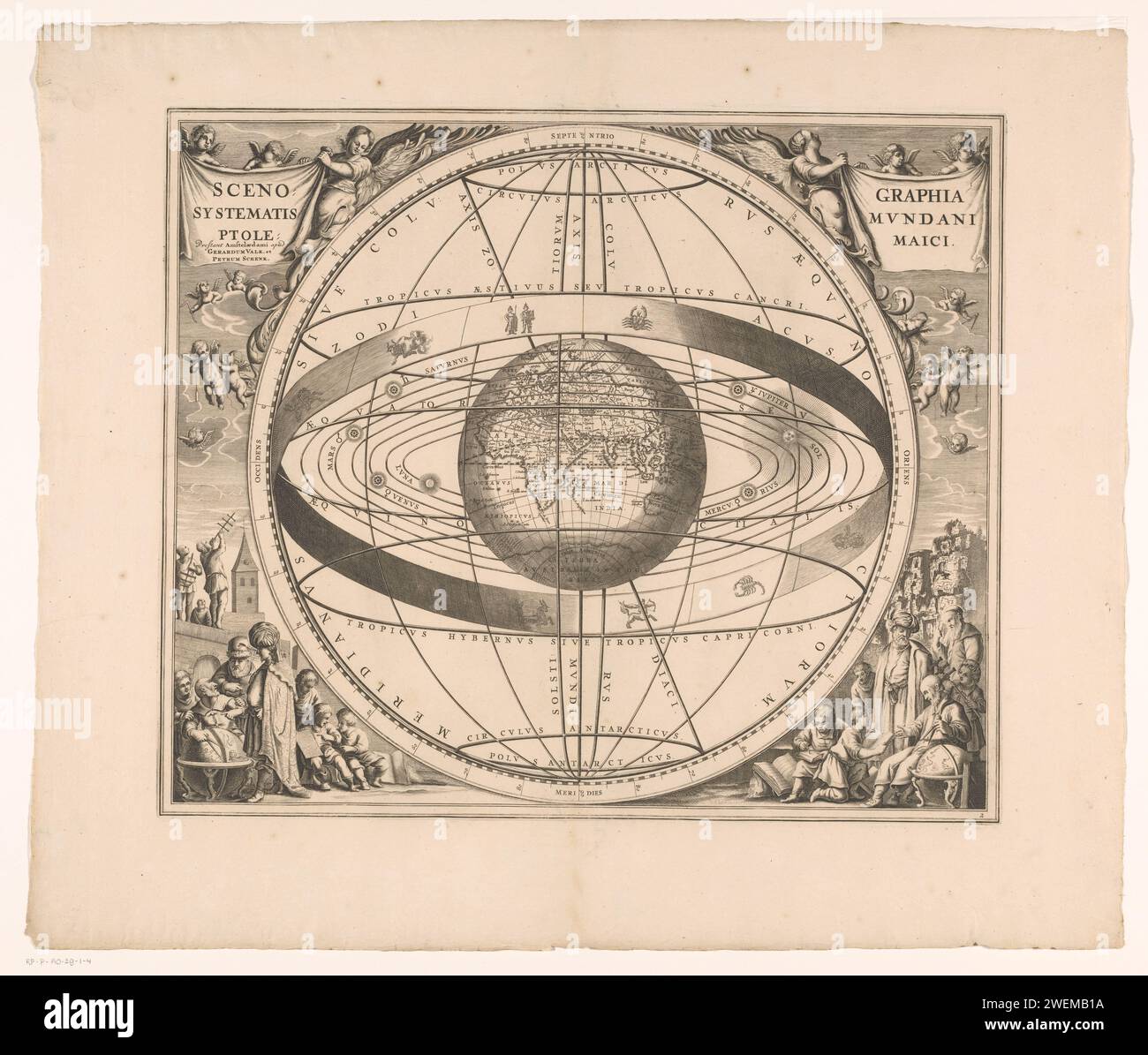Hemelaart del sistema di Ptolemyus, Anonymous, 1708 stampa Hemel card dove si può vedere il sistema geocentrico di ptolemyus. Centrale una rappresentazione tridimensionale del globo con l'emisfero orientale, circondato dallo zodiaco e dai lavori dei pianeti, della luna e del sole. La scheda è dotata di una distribuzione a gradi lungo i bordi. A sinistra e in alto a destra un cartiglio di titolo, indossato dai putti. Inclusi putti con vari strumenti geometrici. A sinistra e in basso a destra Uno spettacolo con un cartografo, un globo e strumenti geometrici. Numerato in basso a destra: 2. incisione/incisione su carta z Foto Stock
