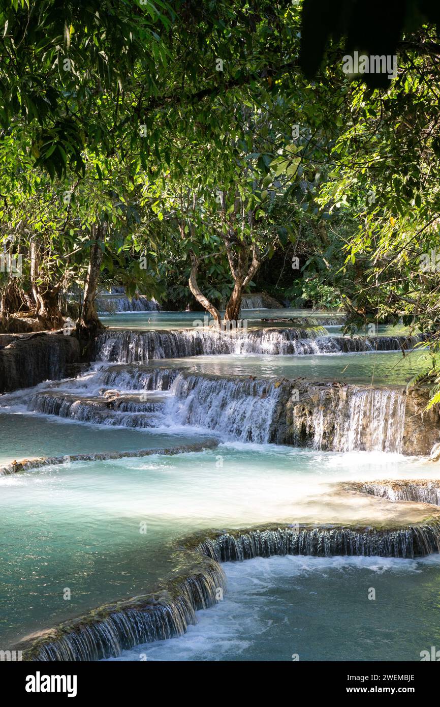 Cascate tropicali di acqua blu circondate da una vegetazione lussureggiante Foto Stock