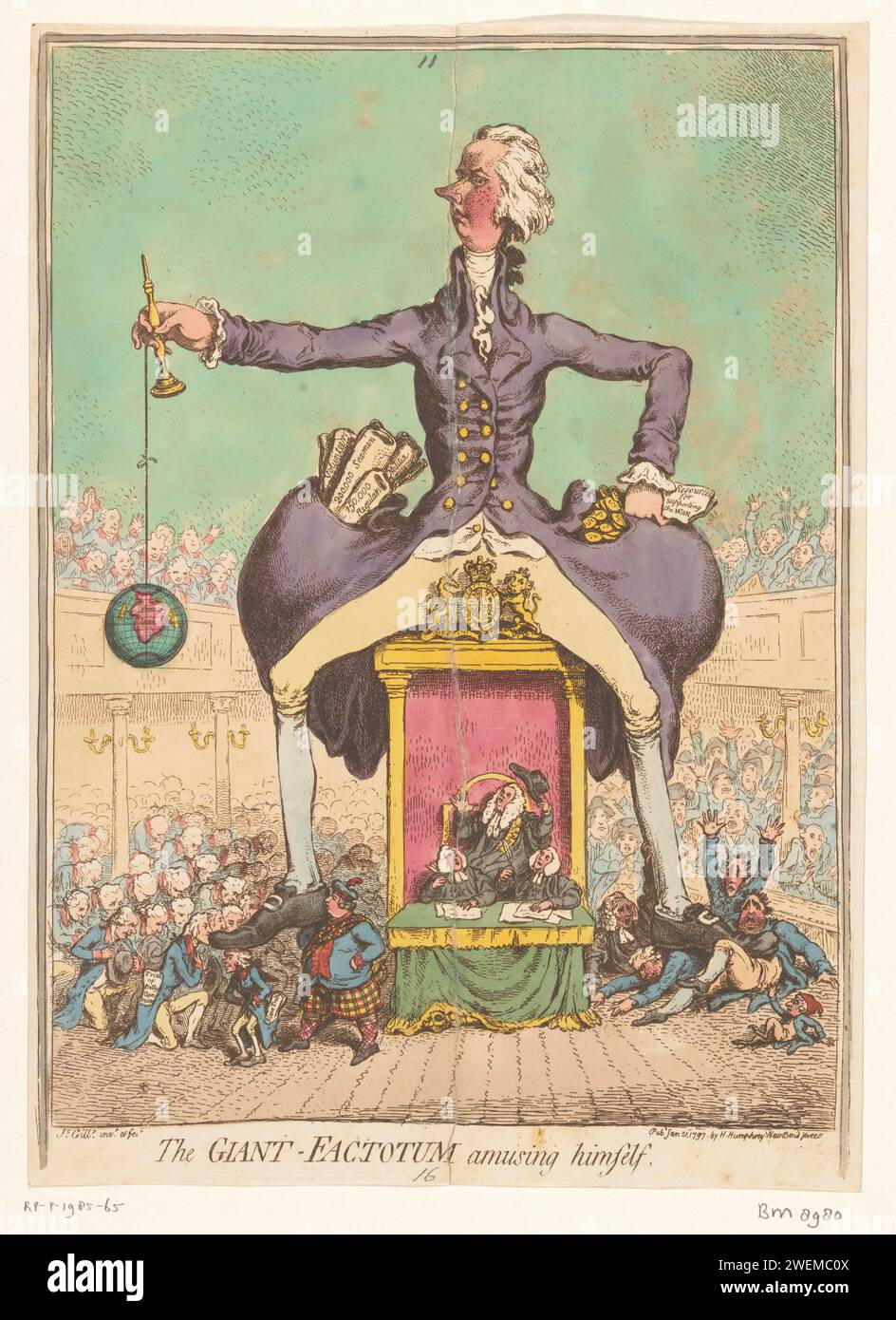 William Pitt Plays parliament, 1797, 1797 stampa Cartoon in cui una gigantesca figura di William Pitt de Jonge incendiò il parlamento, 1797. Sostenendo i suoi sostenitori e baciando il piede destro, con il piede sinistro calpestò gli avversari. Nella sua mano destra un gioco con cui una palla (globo) deve essere punta su un bastone. Carta incisa Lower House, Parlamento, camera. giochi di palla in cui la palla viene colpita o colpita con il bastone (gioco individuale). Caricature politiche e satire camere del Parlamento Foto Stock