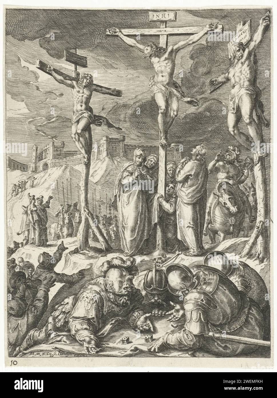 Crocifissione, Zacharias Dolendo, dopo Karel van Mander, 1596 - 1598 stampa Cristo sulla croce, accanto a lui gli altri prigionieri. Giovanni, Maria e Maria Maddalena sono sotto la croce. In primo piano, i soldati siedono a terra e dicono per i vestiti di Cristo. Stampa da una serie di 13 stampe e una stampa del titolo prodotta da Z. Dolendo e J. de Gheyn II Incisione su carta rappresentazioni complete degli eventi sul Golgotha durante l'appeso di Cristo sulla croce, nessun evento particolare enfatizzato Foto Stock