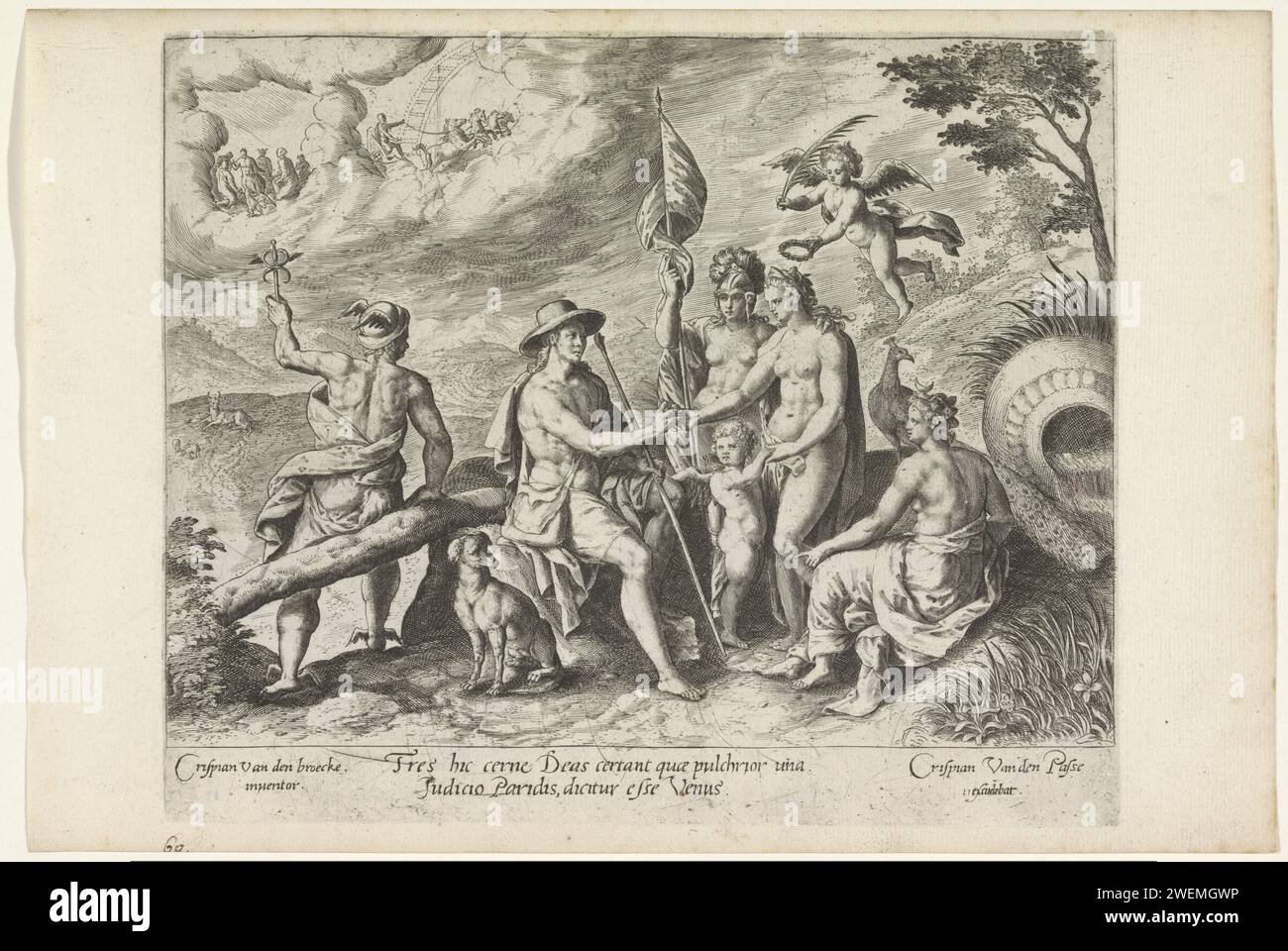 Giudizio di Parigi, c. 1636 - 1670 stampa il Pastore Parigi siede su una roccia e dà a Venere la mela d'oro, rendendolo la dea più bella. È coronata da un putto con un ramo di palma. Juno, Minerva e Mercury guardano. A margine una spiegazione a due righe dello spettacolo in latino. Incisione cartacea il giudizio di Parigi (mercurio presente) Foto Stock