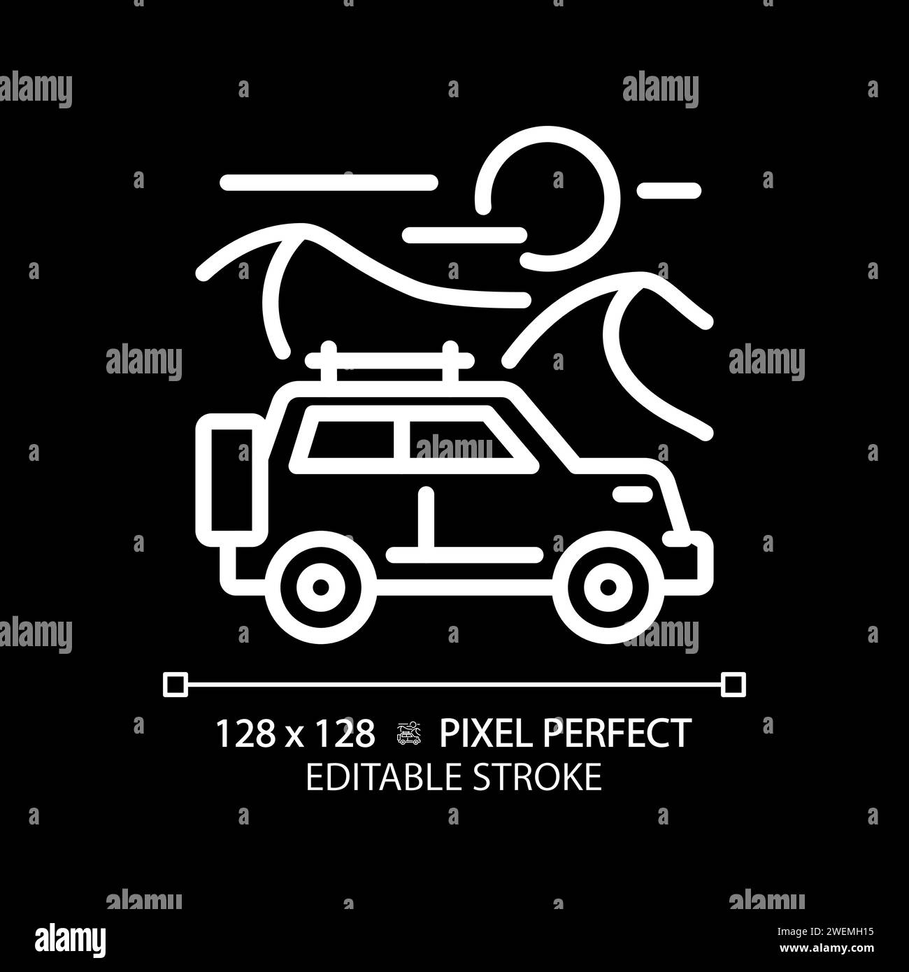 Tour in jeep Safari icona lineare bianca per tema scuro Illustrazione Vettoriale