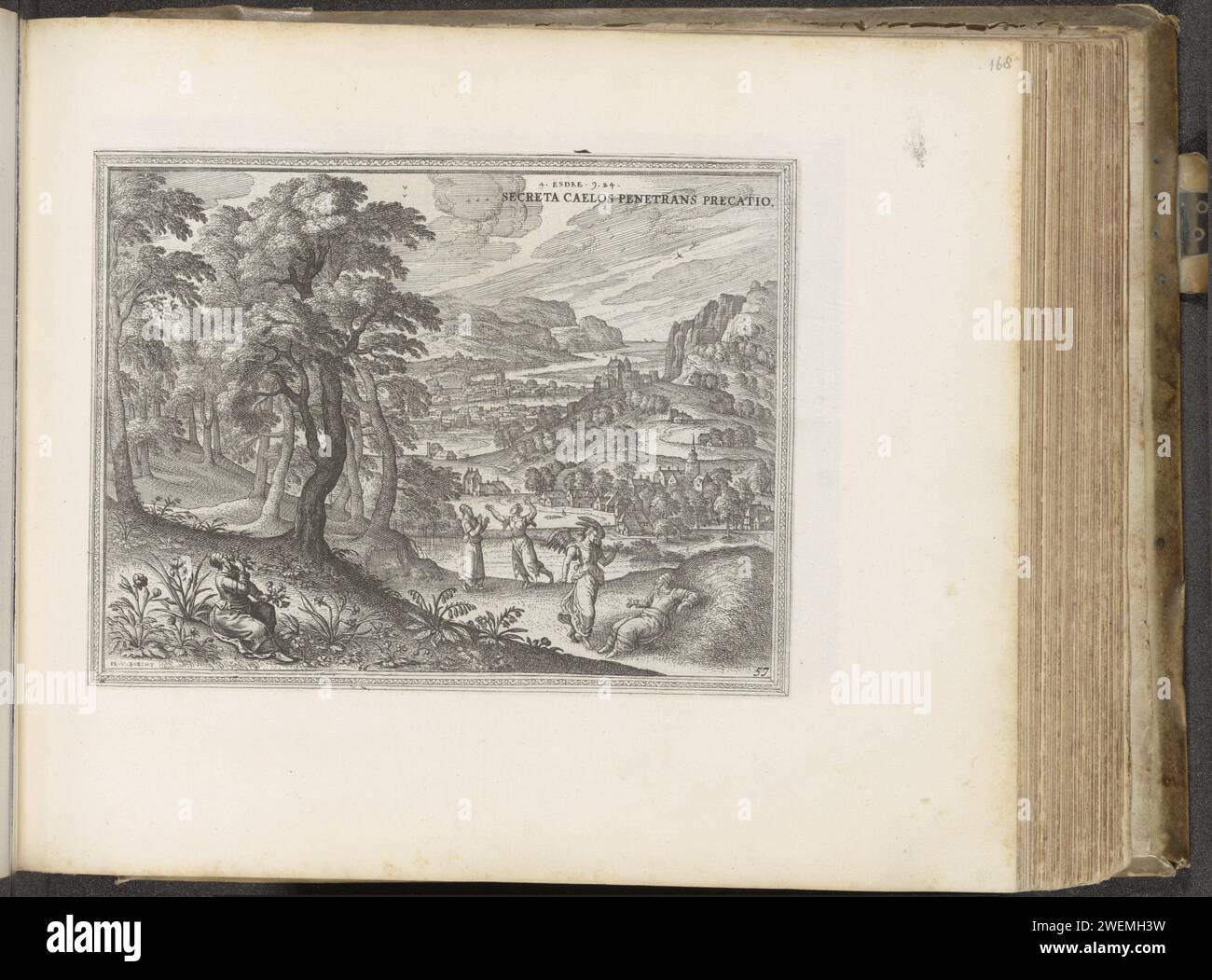 Ezra mangia dai fiori nel campo, 1653 - 1654 stampa paesaggio collinare con Ezra sulla sinistra che mangia dai fiori nel campo. Sul lungomare, Ezra si trova accanto a una donna in lutto con i vestiti strappati. Inoltre, Ezra, mentendo, e l'angelo uriel. La stampa fa parte di un album. Incisione di carta Ezra e l'arcangelo Uriel (2 Esdras 4:1). Altre scene di Ezra ed Esdras. paesaggi con acque, paesaggi acquatici, paesaggi marini (nella zona temperata) Foto Stock