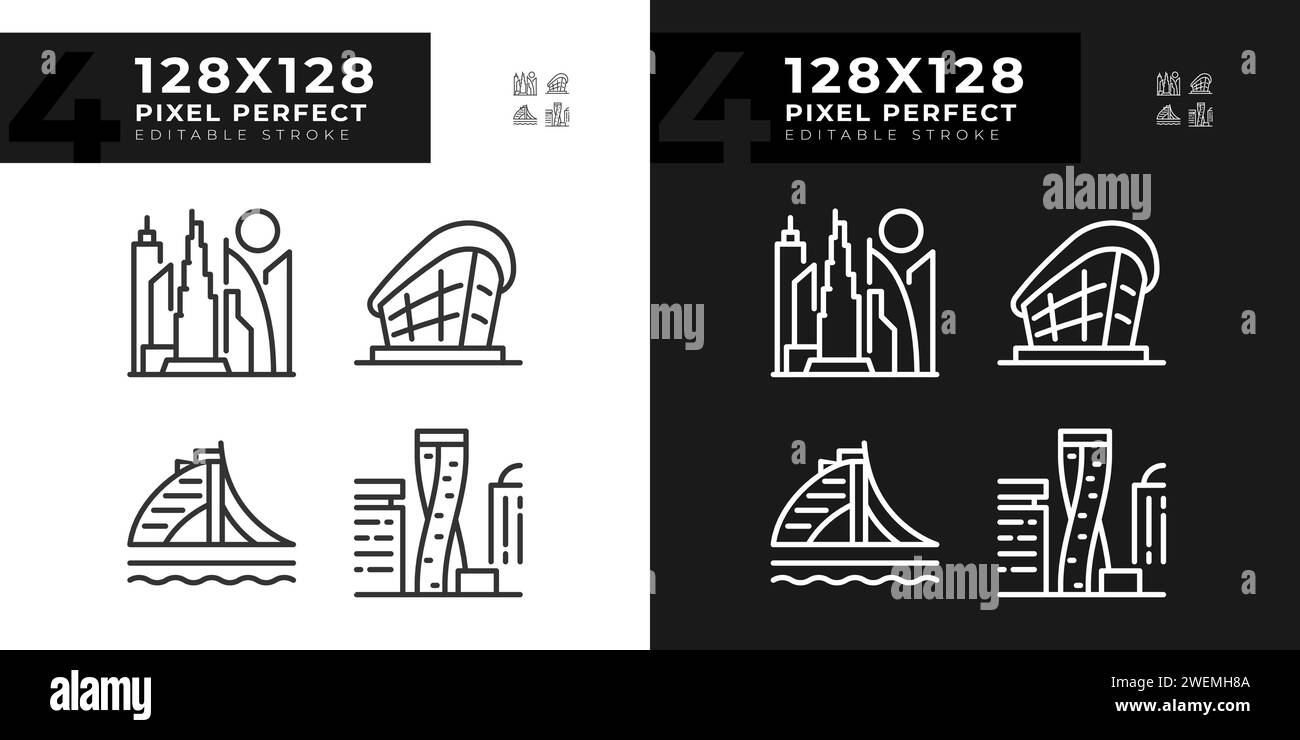 Icone lineari dei monumenti architettonici moderni di Dubai impostate per la modalità luce e buio Illustrazione Vettoriale