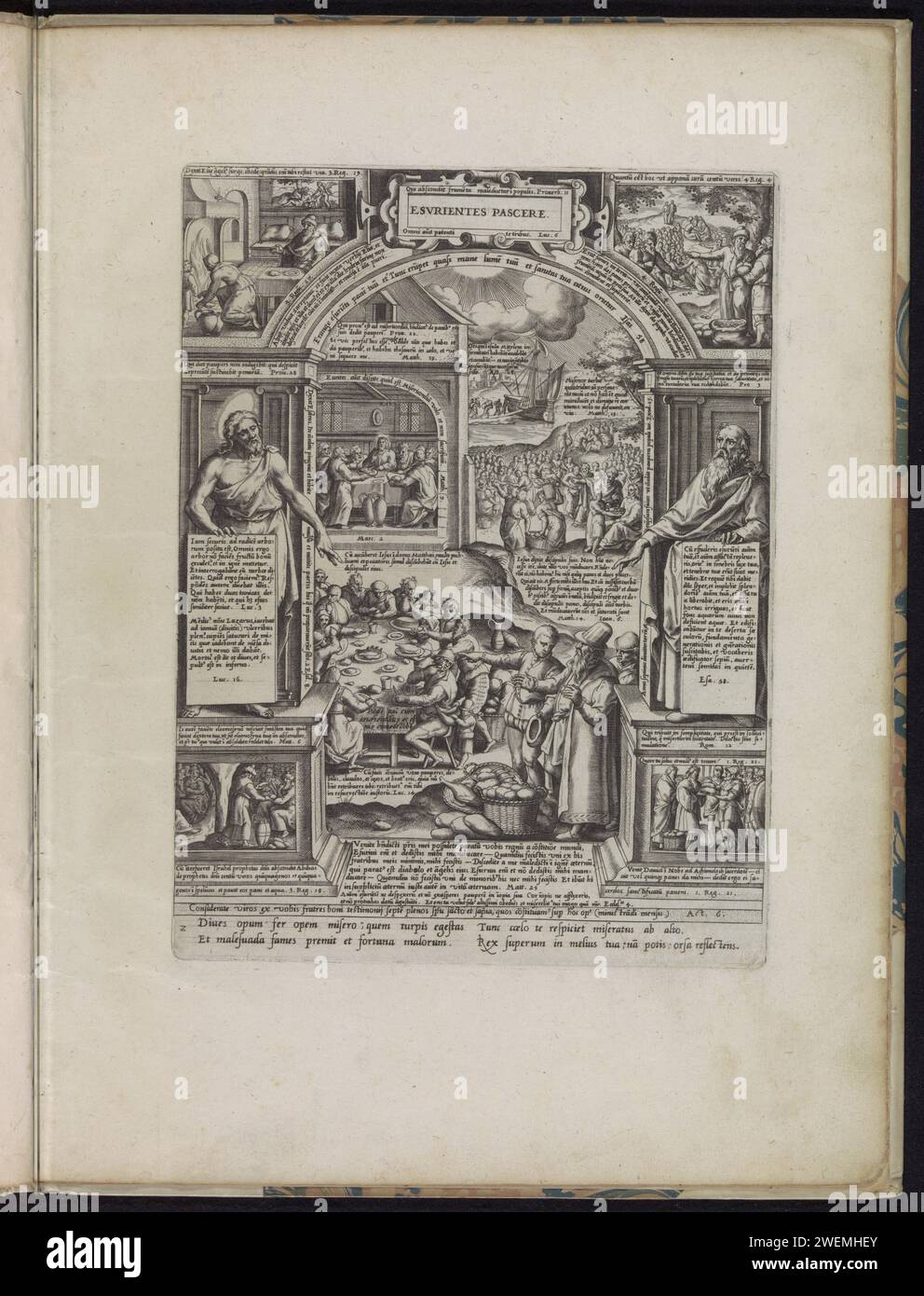 Ficons of the Hungry, 1577 stampa il tributo di The Hungry come una delle sette opere di misericordia. Nel mezzo un uomo che punta a un tavolo dove dà cibo affamato. Sullo sfondo il pane miracoloso che cresce. Intorno a spettacoli di storie bibliche che hanno a che fare con il grilletto affamato. In alto a sinistra Elia e la vedova di Sarefat, dietro di essa l'angelo che porta il cibo di Elia. In alto a destra di Elisa e il tempo per un centinaio di profeti, sotto Davide che riceve il pane da Abimelech e in basso a sinistra Obadja che distribuisce il pane in una grotta. A sinistra Cristo e a destra il profeta Isai Foto Stock