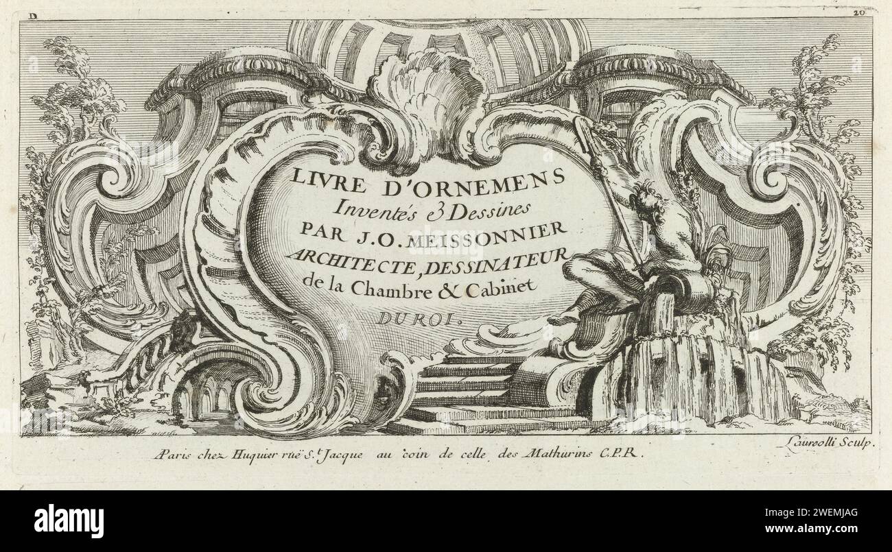 Stampa del titolo per una serie di sette Rocailles, Laurolli, dopo Juste Aurèle Meissonnier, 1738 - 1749 stampa questa stampa fa parte di un album. ornamento in rocaille con incisione di carta. fiume personificato, 'fiumi' (Ripa) Foto Stock