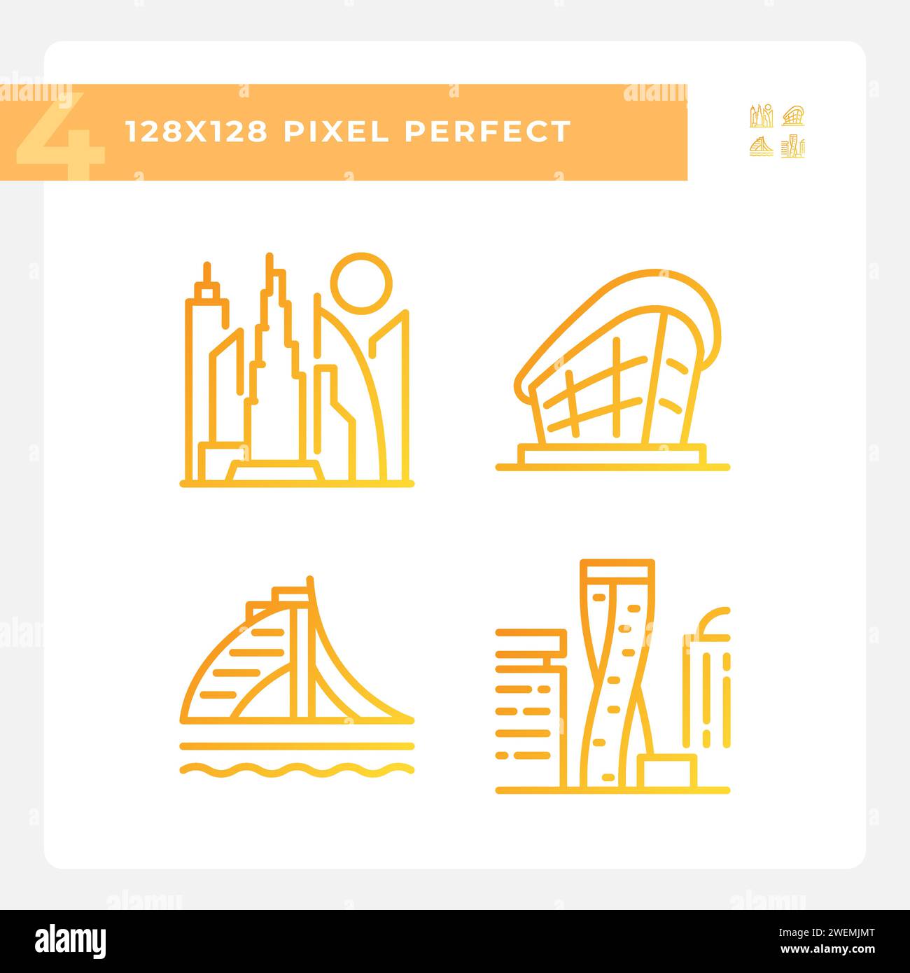 Set di icone vettoriali lineari gradienti per monumenti architettonici moderni di Dubai Illustrazione Vettoriale