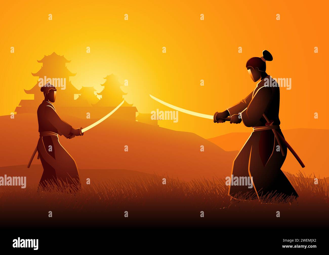 Illustrazione vettoriale di due Samurai in posizione duale l'uno di fronte all'altro su prato Illustrazione Vettoriale