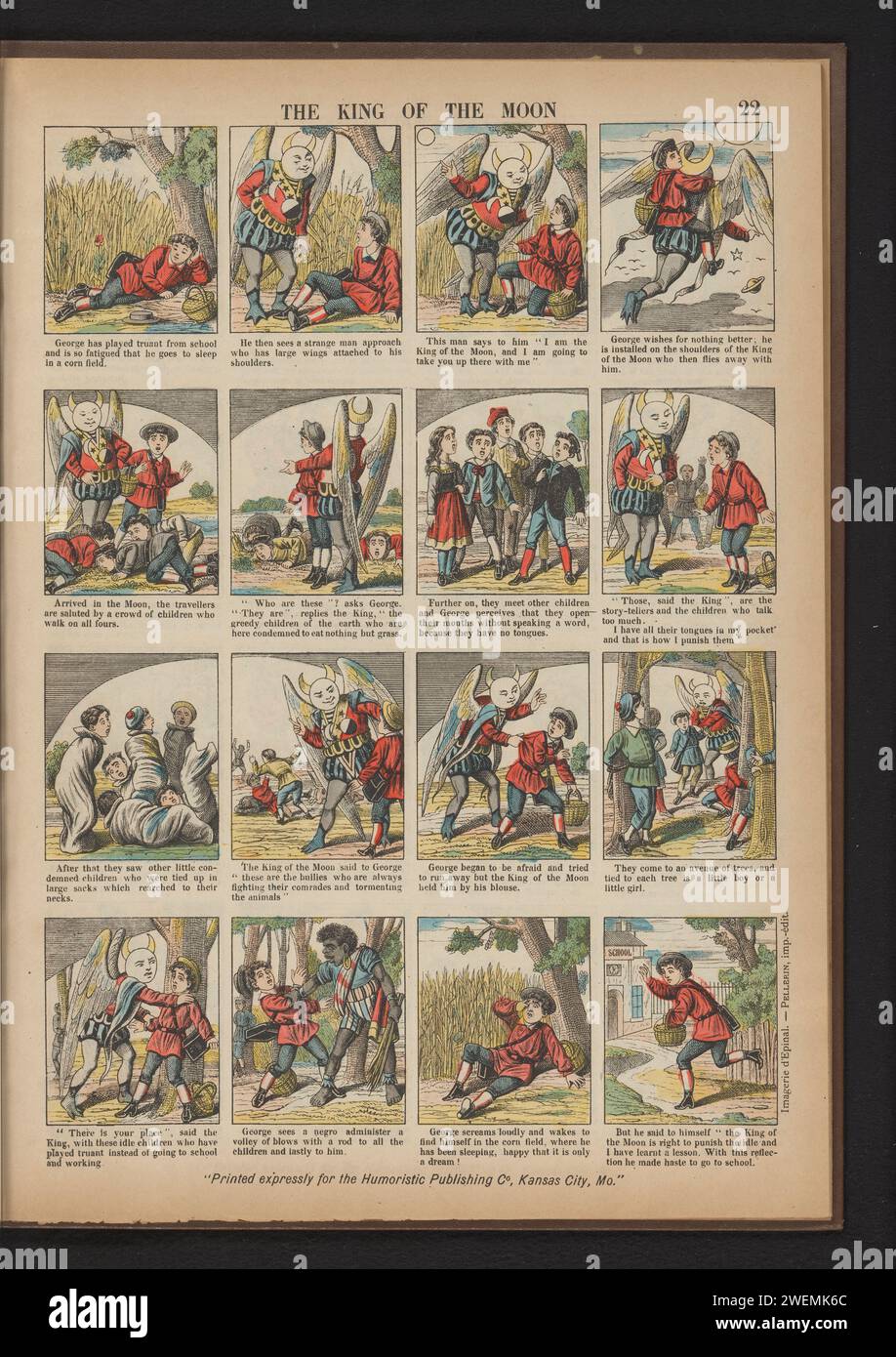 Truant George e De Maankoning, imagie d'Epinal - Pellerin, 1893 - 1894 stampa Leaf con sedici esibizioni sull'incubo del vero George. Sotto ogni esibizione una didascalia in inglese. Questa stampa fa parte di un album. tipografia su carta (bambino tra i più piccoli). veritiera Foto Stock