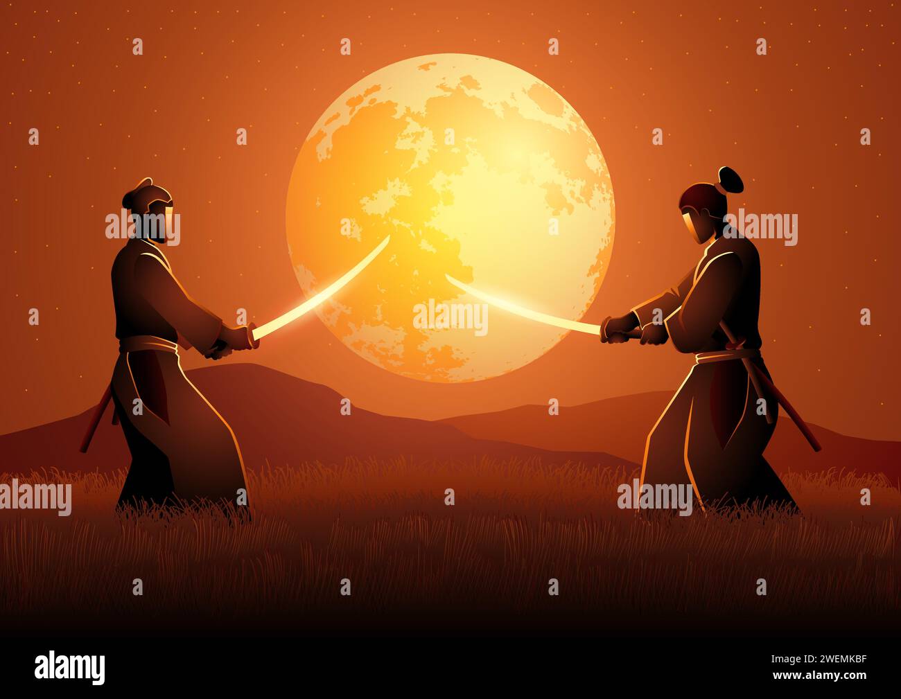 Illustrazione vettoriale di due Samurai in posizione duale l'uno di fronte all'altro su prato durante la luna piena Illustrazione Vettoriale