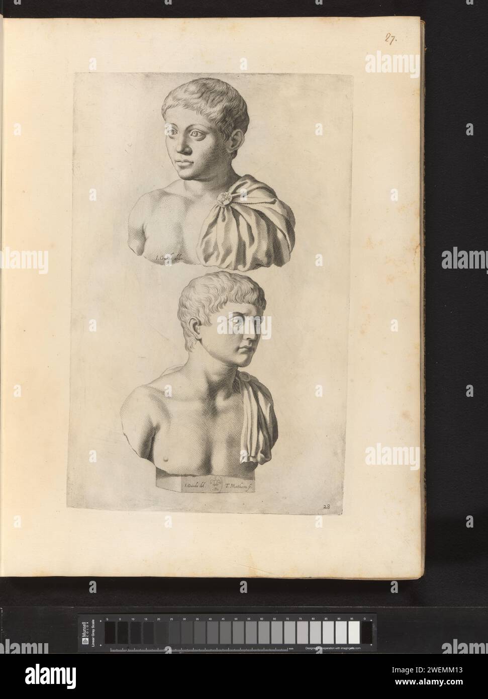 Due busti ritratti di Marco Vipsanius Agrippa, 1636 - 1647 stampa due busti ritratti di Marco Vipsanius Agrippa. Sulla fossa lo stemma di Vincenzo Giustiniani. La stampa fa parte di un album con una serie di stampe sulle sculture della collezione della Galleria Giustiniani a Roma. incisione su carta di uomini di storia classica (+ testa, busto, ecc.). pezzo di scultura, riproduzione di un pezzo di scultura Foto Stock