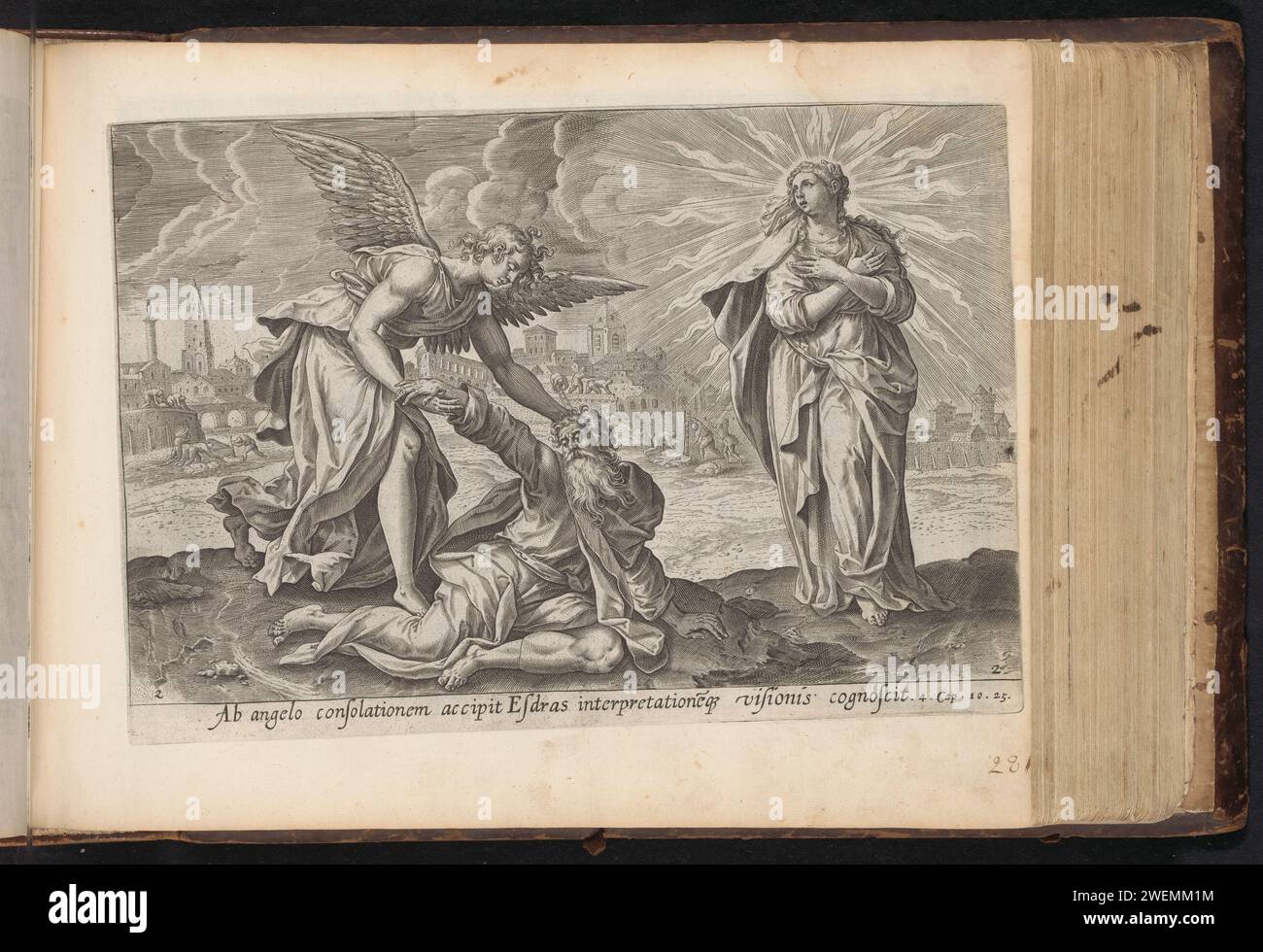 Seconda visione di Ezra: Ezra confortato dall'angelo, Anonimo, Maerten de Vos, 1646 stampa l'angelo Uriel comfort Ezra e lo aiuta a stare in piedi. Accanto a Ezra ci sono la visione della radiosa moglie Sion. Quando scompare, Ezra vede la città che viene costruita sullo sfondo. Sotto l'esecuzione un riferimento in latino al testo apocrifo della Bibbia in 4 Ezra 10:25. Questa stampa fa parte di un album. Incisione su carta di altre scene di Ezra ed Esdras. Esdra e l'arcangelo Uriel (2 Esdra 4:1) Foto Stock