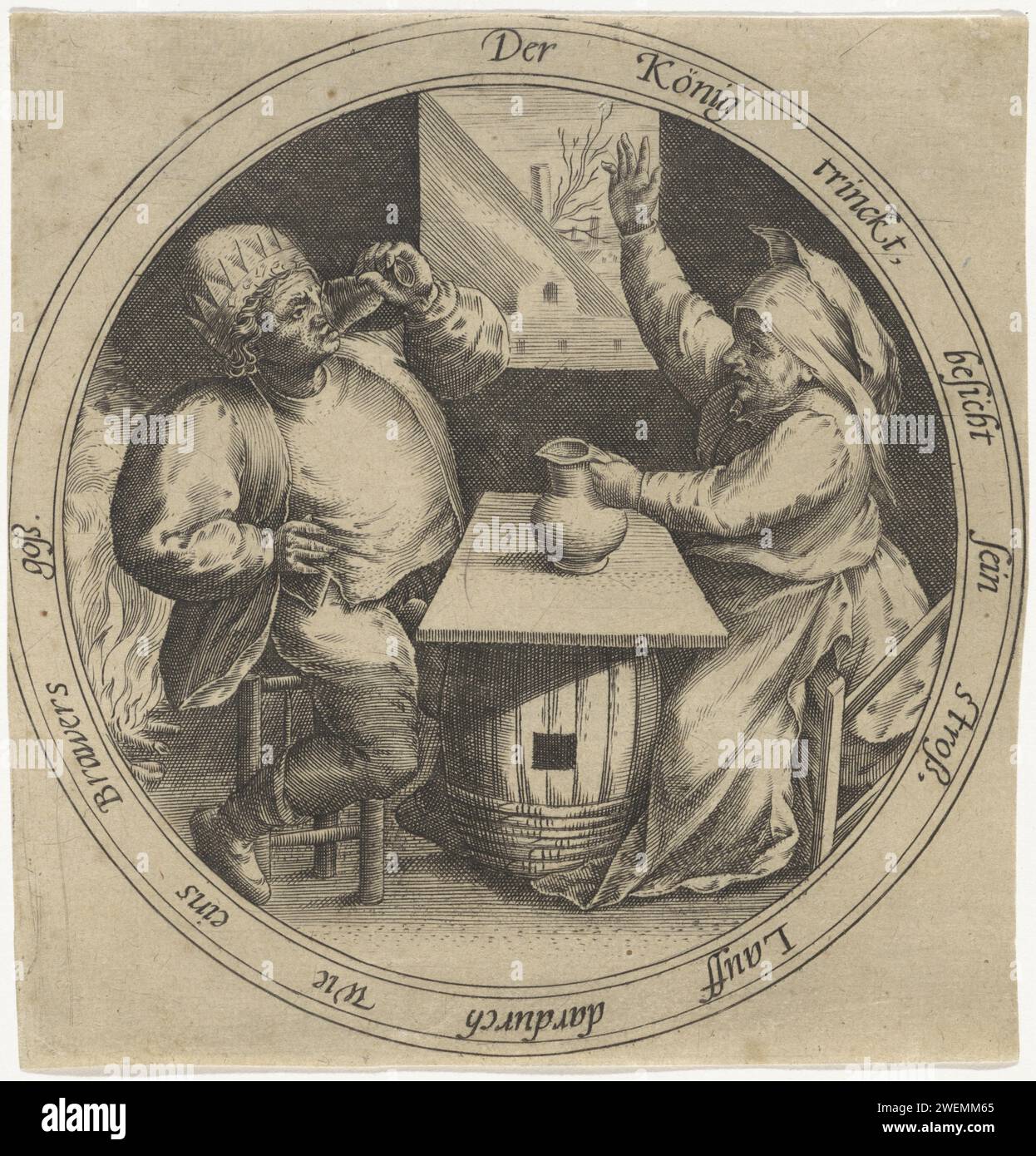 Three -Koning Festival, Anonymous, After Marten van Cleve (i), 1555 - 1631 stampa Medallion con una performance del Three-Kings Festival. Un uomo e una donna a un tavolo improvvisato in un interno con un fuoco ardente. L'uomo indossa una corona e beve da un bicchiere. La donna di fronte a lui solleva il braccio con un gesto di avvertimento e tiene una caraffa con la mano sinistra. C'è una fattoria in lontananza. In tedesco. Incisione su carta la dodicesima notte, di solito cade alla vigilia del 6 gennaio. bicchiere di birra (+ assunzione (particolare) di alimenti: mangiare, bere, fumare, masticare, ecc.). immagine del fallo, Foto Stock