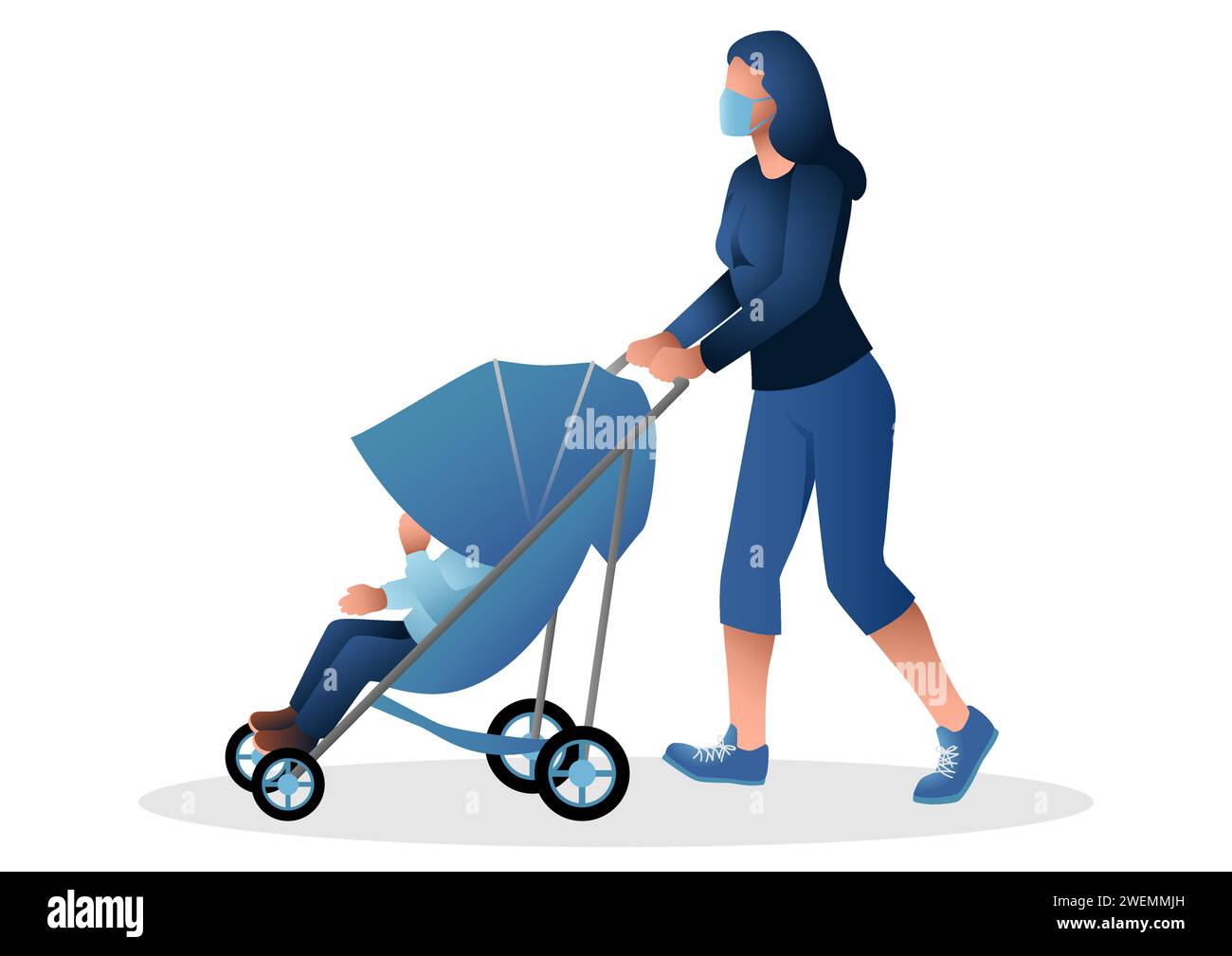 Illustrazione vettoriale di una madre che indossa una maschera medica spingendo il bambino nel passeggino, colori blu Illustrazione Vettoriale