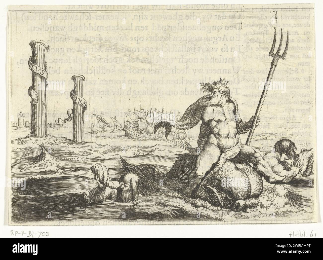 Neptunus con le colonne di Ercole, Willem basse, 1632 - 1634 stampa Neptunus alla guida di un delfino, accompagnato da tritoni, si rivolge alle colonne di Ercole con l'iscrizione Plus Ultra. Una flotta in mare sullo sfondo. Stampato sul retro con testo in olandese. . Incisione/incisione su carta (storia di) Nettuno (Poseidone). Pilastri di Ercole Foto Stock