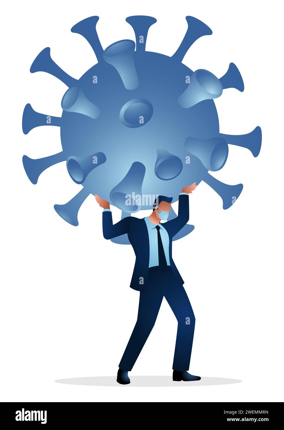 Illustrazione del vettore d'affari di un uomo d'affari che detiene un coronavirus gigante. Concetto aziendale pesante e gravoso dovuto alla pandemia di coronavirus Illustrazione Vettoriale