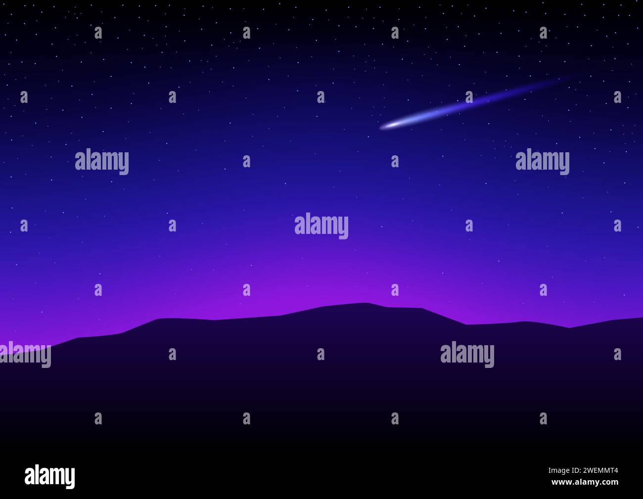 Illustrazione vettoriale della silhouette di montagna con una stella che cade nel cielo stellato Illustrazione Vettoriale
