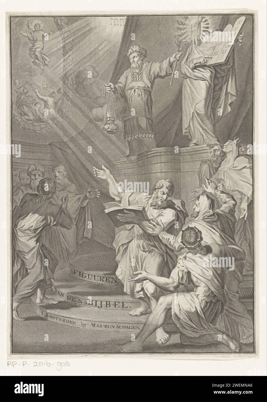 Aronne e il velato Mosè presentano agli Israeliti le tabelle della legge, anonime, dopo Gilliam van der Gouwen, 1723 - 1738 stampa su un piedistallo il sommo sacerdote Aronne e il velato Mosè. Intorno a loro il popolo ebraico. Mosè mostra agli Israeliti le tavole della legge. Sullo sfondo il tetragramma e una rappresentazione dell'Ascensione di Cristo. L'incisione di carta Mosè copre il suo volto con un velo. Mosè scende con le nuove tavolette ed è atteso da Aronne e dalle persone riunite, che notano che "il suo volto splende" (il volto di Mosè è raffigurato con raggi di luce o con corna). Cristo Alone Foto Stock