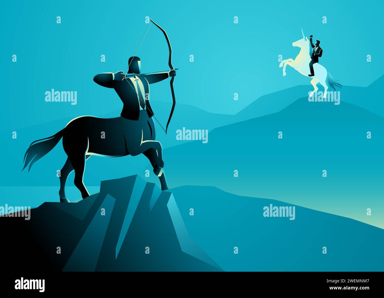 Illustrazione vettoriale di un uomo d'affari centauro che mira a un uomo d'affari che cavalca un unicorno, metafora per le aziende più piccole che mirano a diventare un'azienda più grande Illustrazione Vettoriale