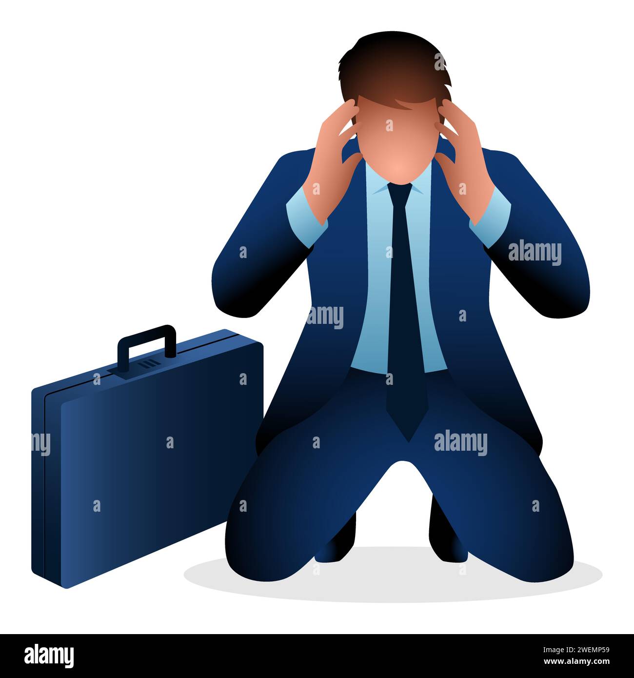 Illustrazione vettoriale del concetto di business di un uomo d'affari depresso che si inginocchiava e gli stringeva la testa a causa del mal di testa Illustrazione Vettoriale