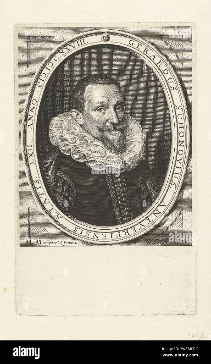 Ritratto di Gerardus Schonovius, Willem Jacobsz Delff, dopo Michiel Jansz van Mierevelt, stampa del 1628 Ritratto di Gerardus Schonovius, petto con rimedio pieghettato in cornice ovale con iscrizione latina. colletto per incisione in carta: colletto (+ abiti da uomo) Foto Stock