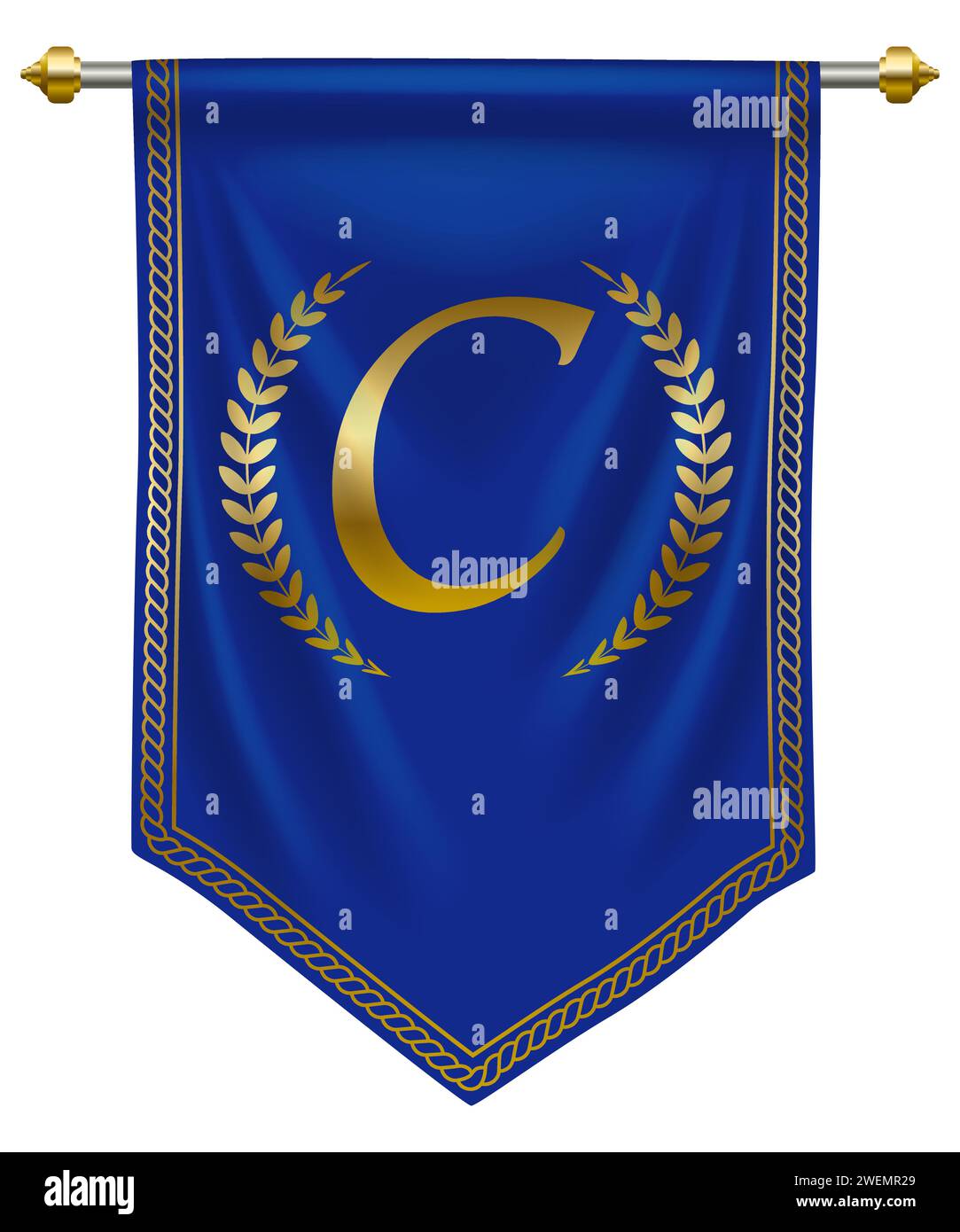 Elegante lettera C dorata su pennant Royal Blue per un'identità o un'etichetta di marca di alta qualità. Illustrazione vettoriale Illustrazione Vettoriale
