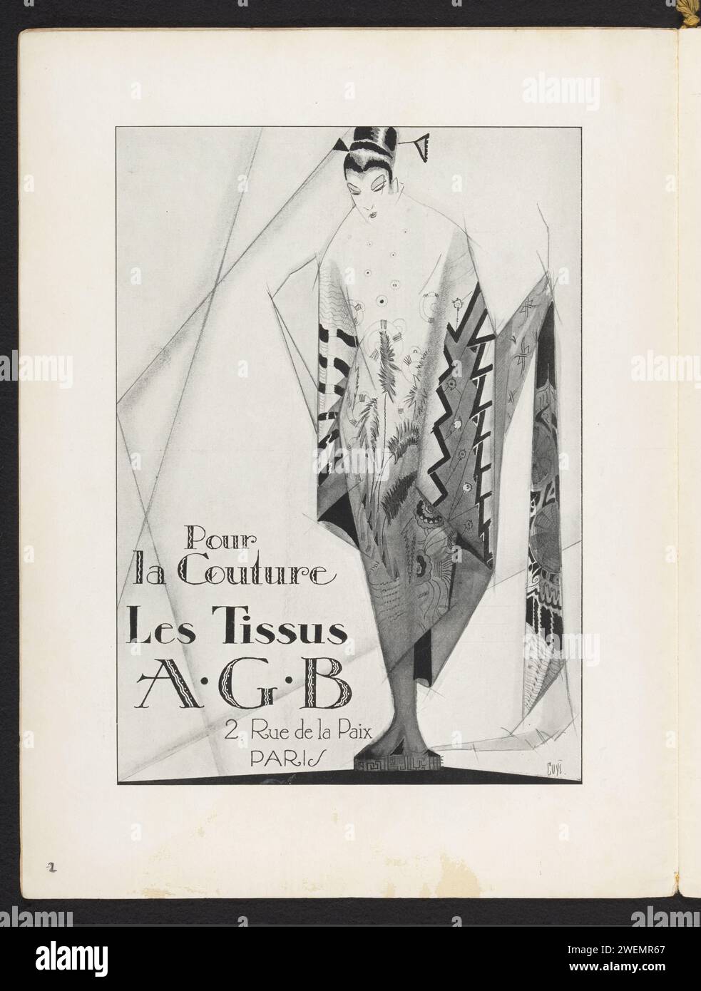 Art - Taste - Beauty, Female Elegance sheets, febbraio 1926, No. 66, 6° anno, pag. 2, Anonymous, rivista 1926 pubblicità per tessuti del produttore di tessuti 'Lessus Tissus A.G.B.'. Pagina della rivista di moda Art-Goût-Beauté (1920-1933). targhe di carta. telaio per tessitura Foto Stock