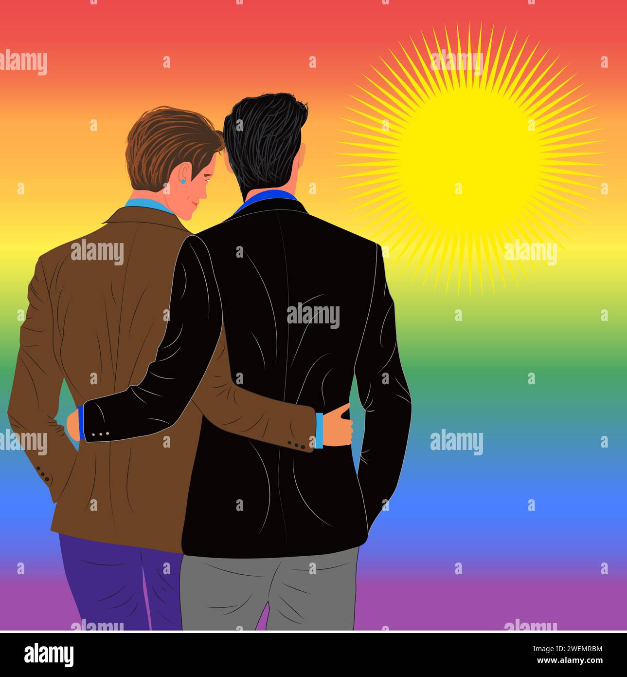 due uomini gay stanno in piedi e si abbracciano Illustrazione Vettoriale