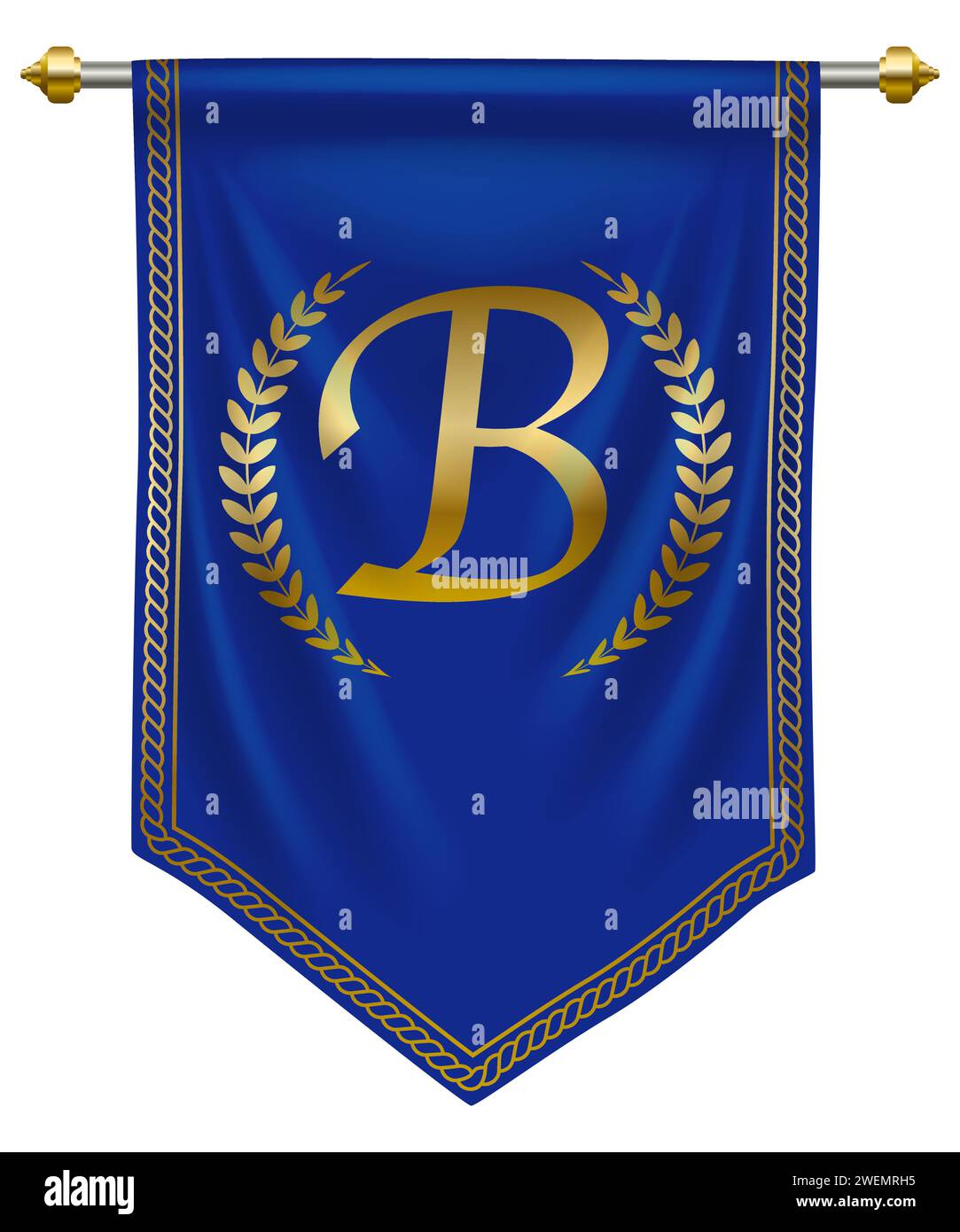 Elegante lettera B dorata su pennant Royal Blue per marchio o etichetta di alta qualità. Illustrazione vettoriale Illustrazione Vettoriale