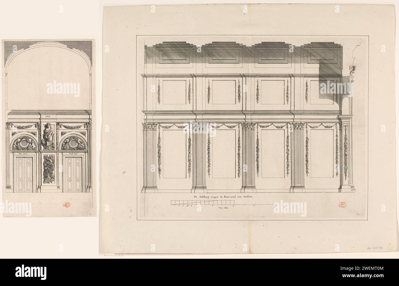 Parte settentrionale della Eastern Gallery nel municipio di piazza Dam, Dancker Danckerts (possibile), dopo Jacob Vennekool, dopo Jacob van Campen, dopo Artus Quellinus (i), 1661 stampare la parte settentrionale della galleria orientale nel municipio di piazza Dam ad Amsterdam. A sinistra l'immagine di Cybele con la porta della sala orfana a sinistra e a destra la porta della camera di Midwood. In fondo al centro il titolo con una ciotola sotto: 25 piedi Maet. Realizzato sotto sinistra e destra: V. 1. E V. 2. incisione/incisione del municipio. interni  progettazione architettonica o modello. (stor Foto Stock