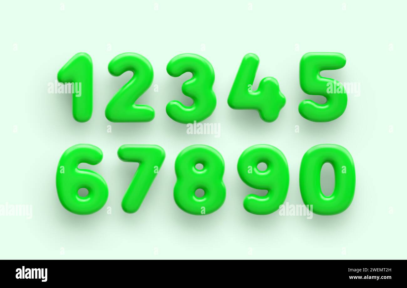 3D Verde numero 1,2,3,4,5,6,7,8,9 e nullo con superficie lucida su sfondo chiaro . Illustrazione Vettoriale