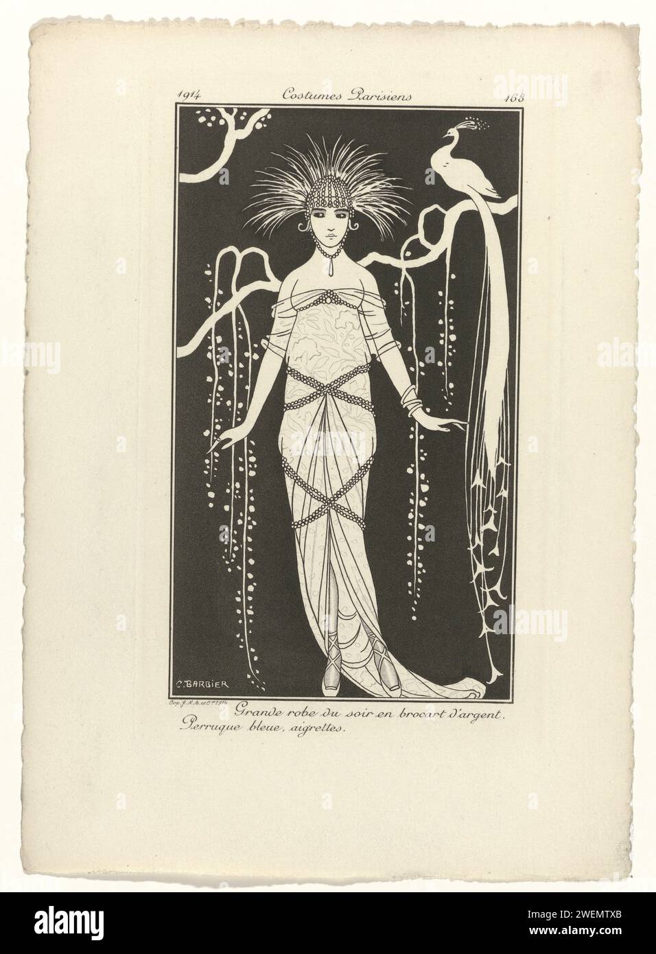 Diario delle signore e degli abiti, costumi parigini, 1914, No. 168: Grande abito da sera (...), 1914 donna vestita in abito da sera con sentiero di Silver Brokaat. Sulla testa una parrucca blu, rete di capelli (?) E aigrettes. Sullo sfondo un ramo su cui sorvola un uccello bianco con lunga coda. Proef pressure di una stampa della rivista di moda Journal des Dames et des Modes (1912-1914). lastre di moda per incisioni in carta. abito, abito: abito da sera (+ abiti da donna). Parrucca - AA -  donne. uccelli Foto Stock