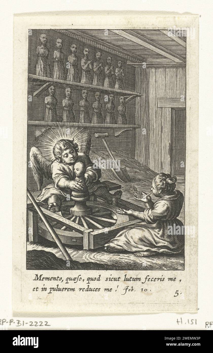 Il bambino guarda come l'angelo fa una statua di argilla sul giradischi, Boëtius Adamsz. Bolswert, 1624 stampa Un bambino guarda come un angelo fa una statua di argilla su un giradischi. Questo è un riferimento a come Dio ha creato l'uomo dall'argilla. Il bambino soffia particelle di argilla secche come una nuvola di tessuto dalla sua mano come segno della transitorietà dell'uomo. artigianato per incisioni su carta  argilla, sabbia, gesso Foto Stock