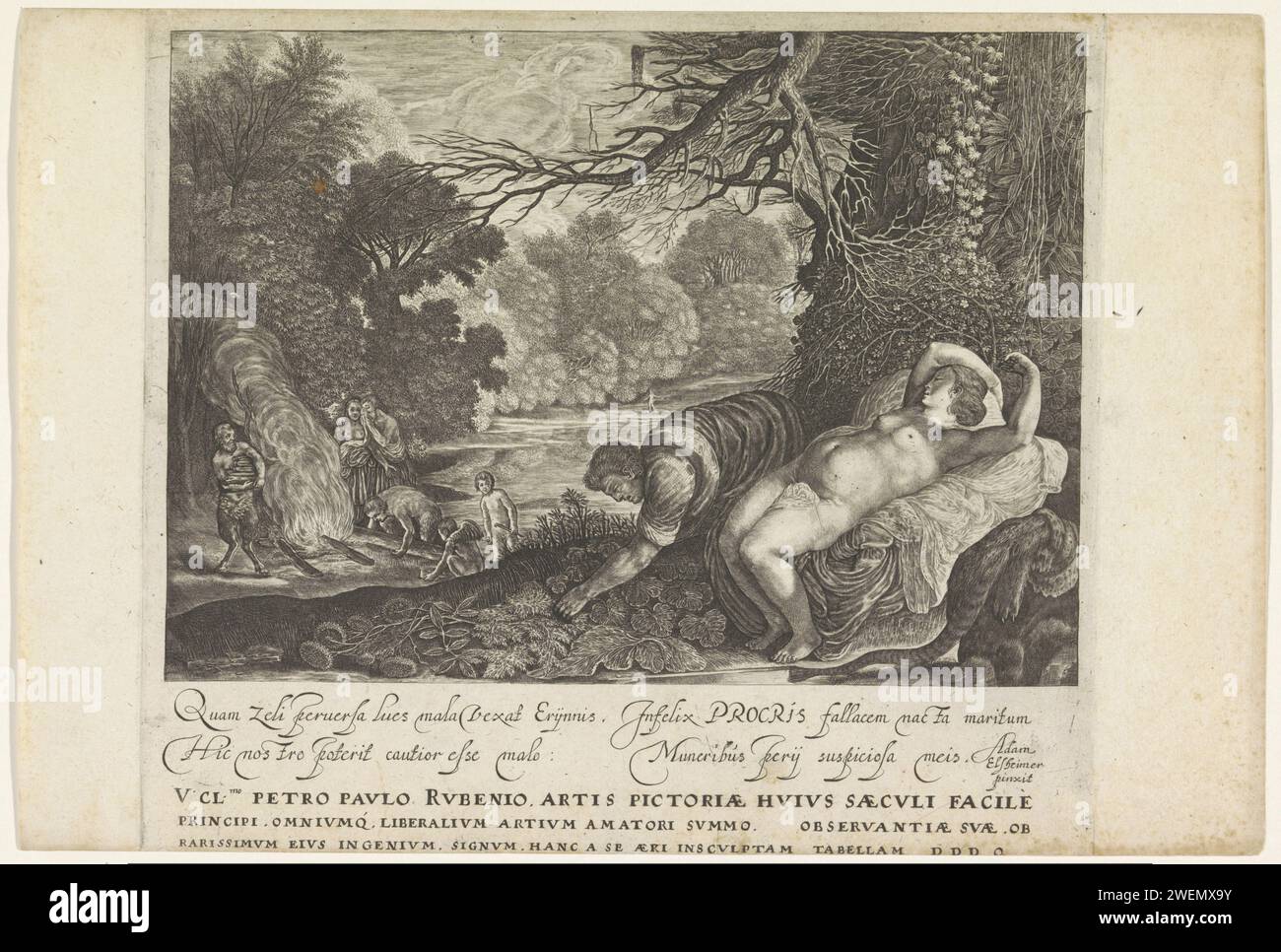 Morte di ProCris, c. 1636 - 1670 stampa Cephalus Stoops accanto alla sua morente moglie Propris, che accidentalmente toccò durante la caccia. L'ha appena trovata e sta cercando delle erbe per curarle la ferita. Sullo sfondo, il Faun Procris dice che suo marito avrebbe un'amante segreta. In fondo a una didascalia di quattro righe in latino e a un'assegnazione. Incisione su carta lutto di Procris Foto Stock