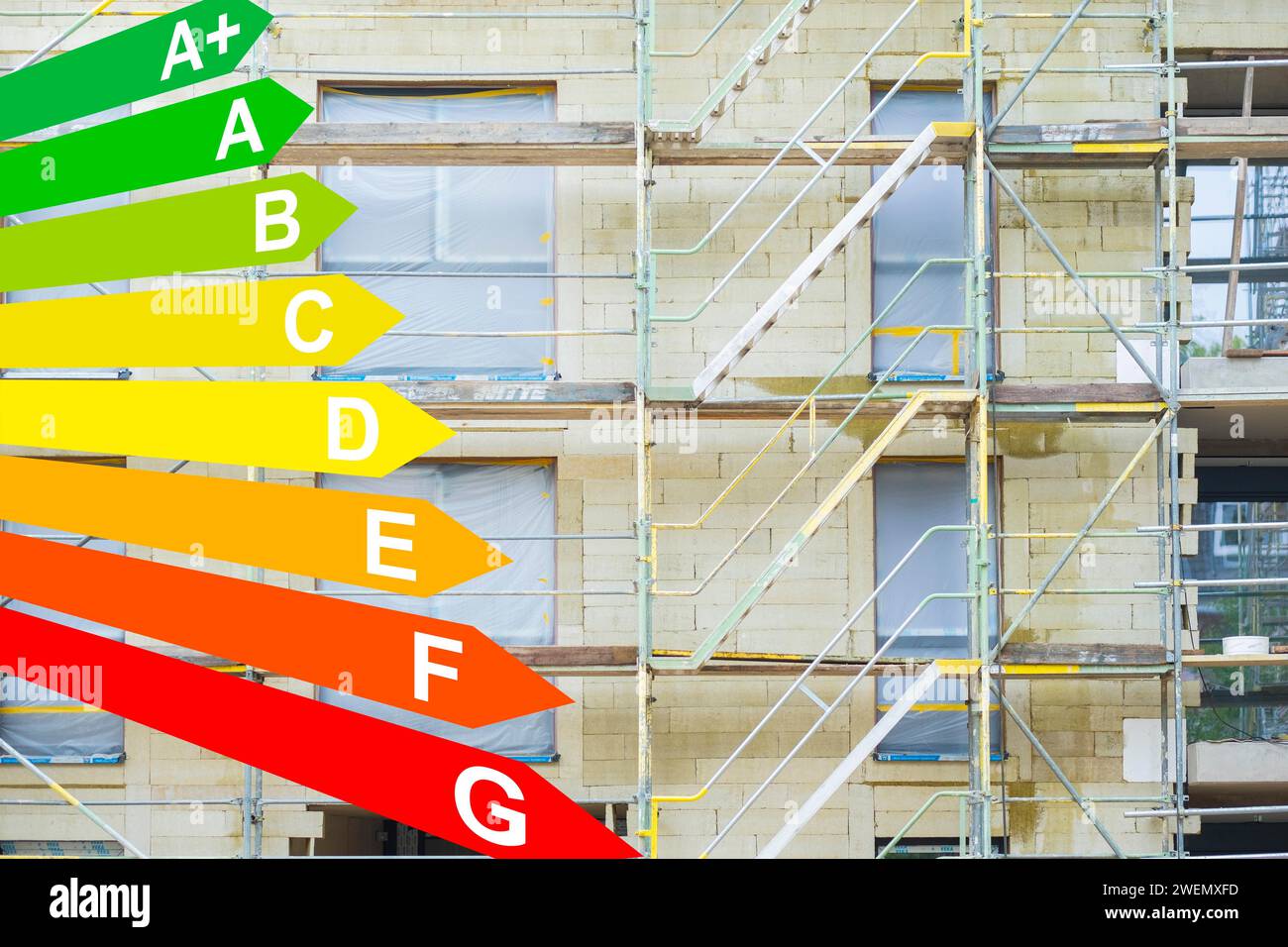 Isolamento di una facciata con pannelli in fibra minerale, grafico con classi di efficienza energetica per gli edifici secondo il GEG, efficienza energetica Foto Stock