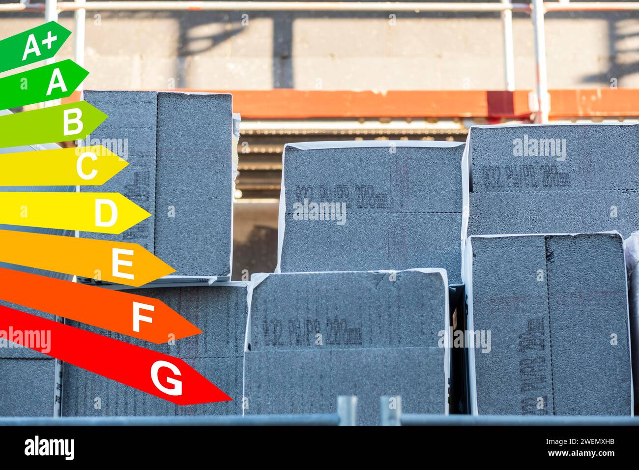 Isolamento di una facciata di una casa con pannelli isolanti in Polystorol, grafico con classi di efficienza energetica per gli edifici secondo il GEG Foto Stock